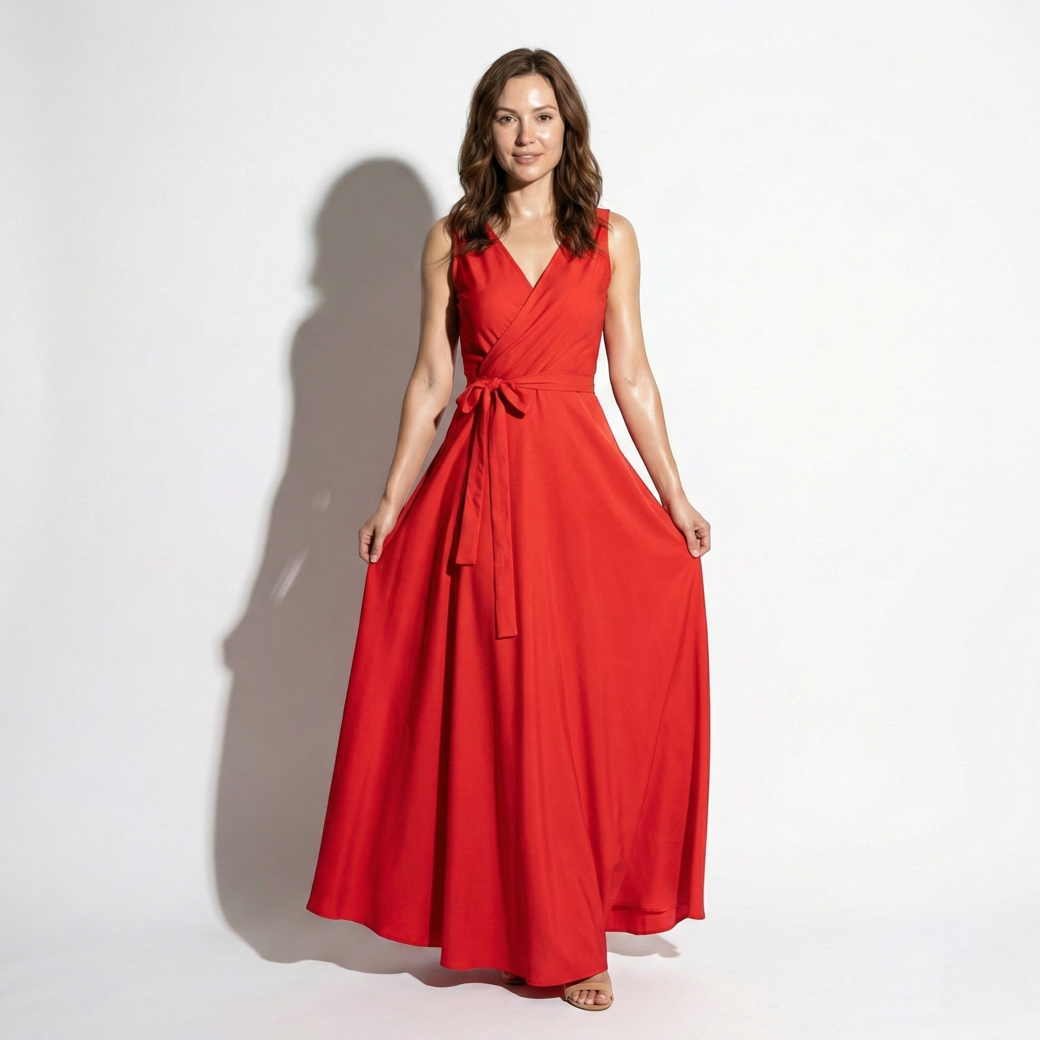 Anna - Women's V - Neck Maxi Dress with Tie Waist - Dress - Red - Jones & Smith