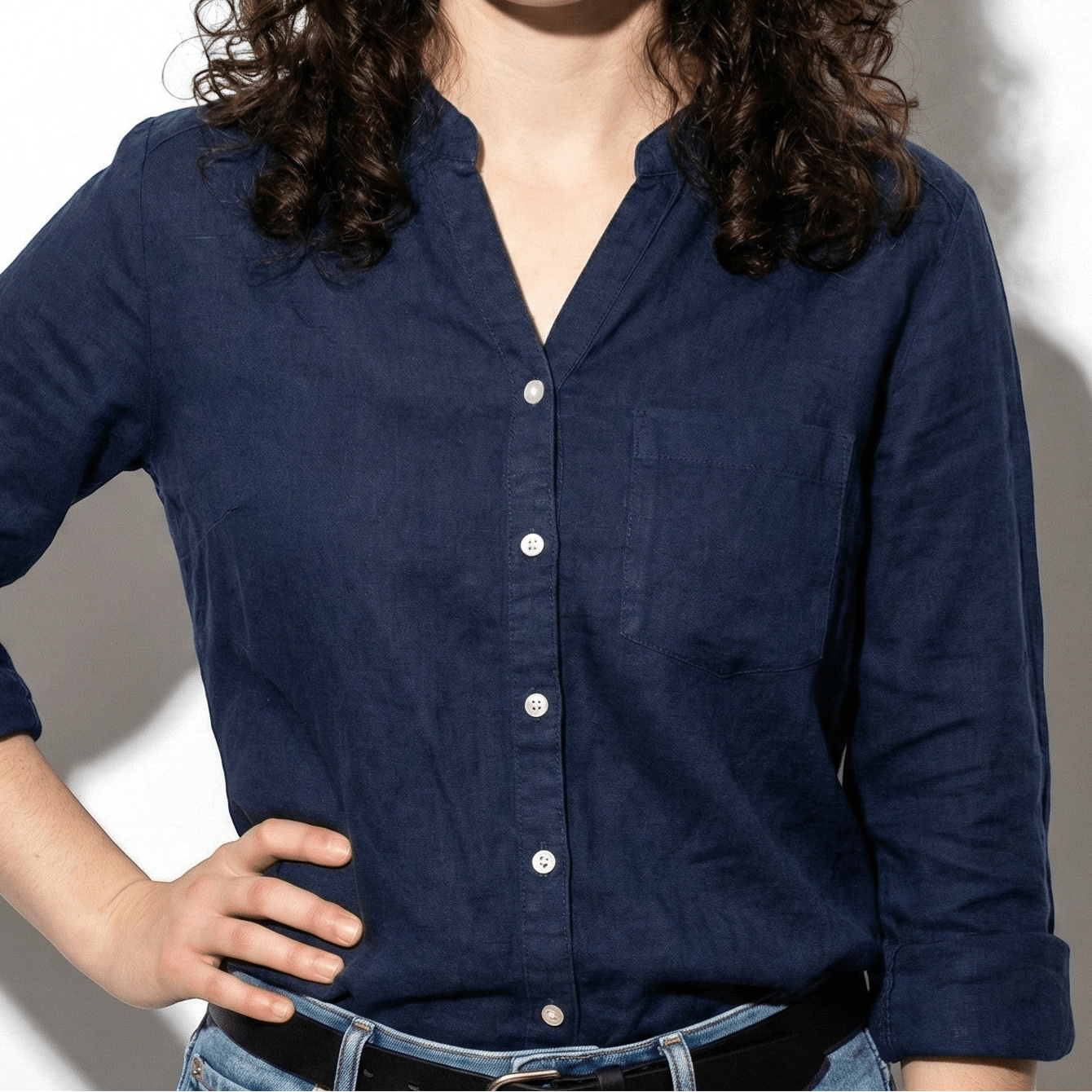 Annie - Women's Button - Down Shirt with V - Neckline - Shirts - Dark Blue - Jones & Smith