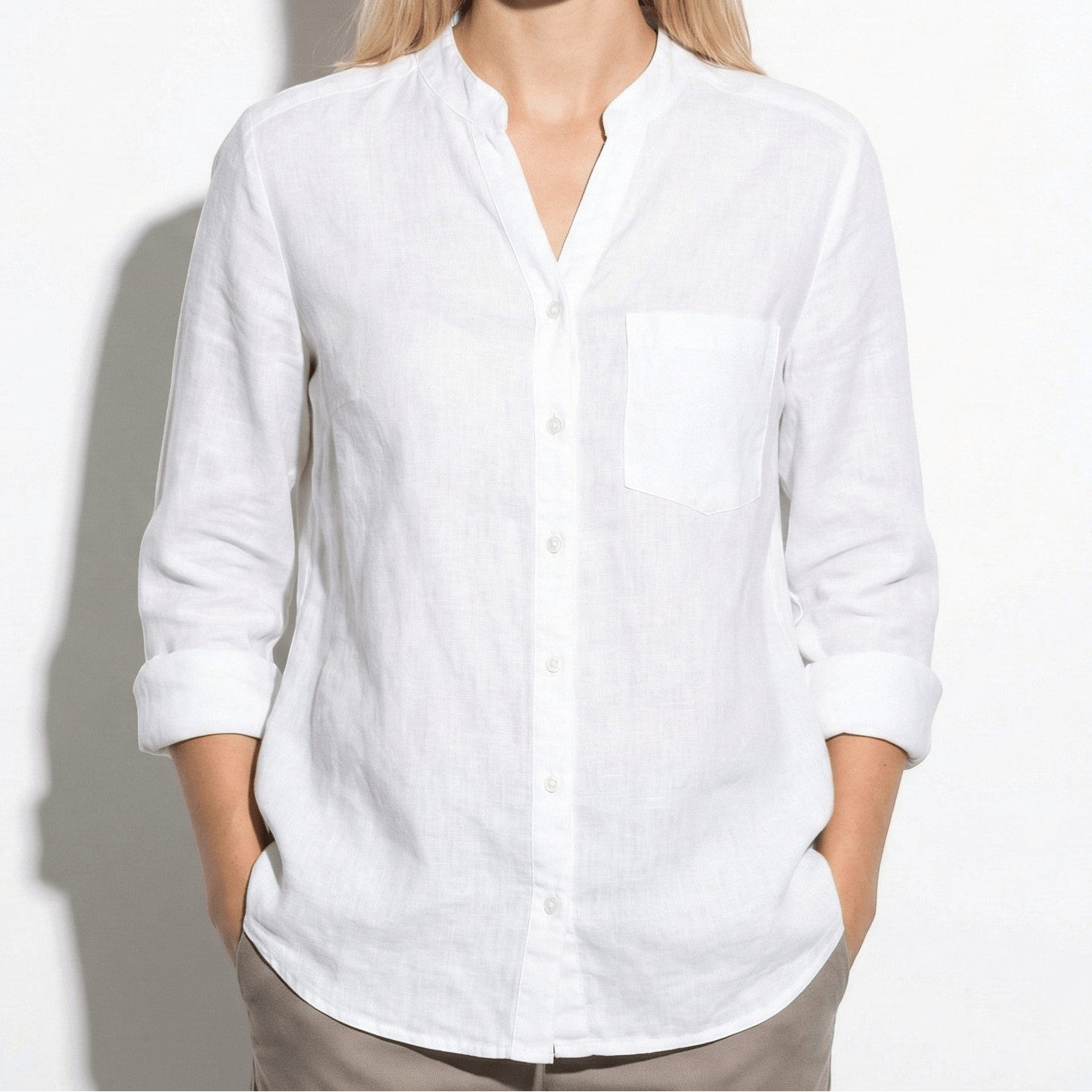 Annie - Women's Button - Down Shirt with V - Neckline - Shirts - White - Jones & Smith