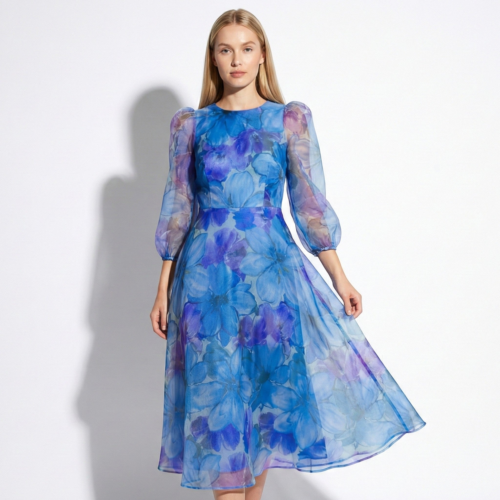 Aria - Women's Floral Print Midi Dress with Sheer Sleeves - dress - Blue - Jones & Smith