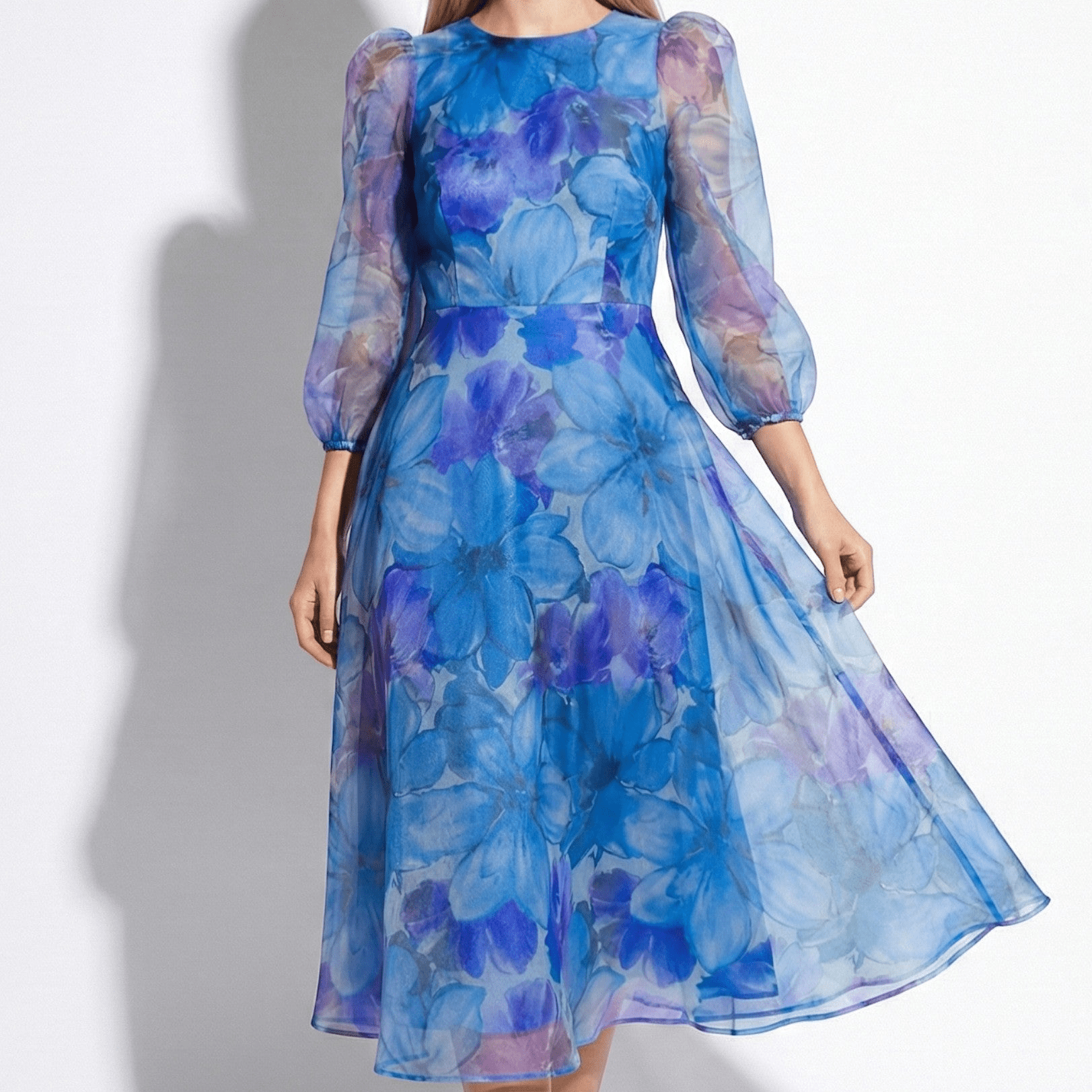 Aria - Women's Floral Print Midi Dress with Sheer Sleeves - dress - Blue - Jones & Smith