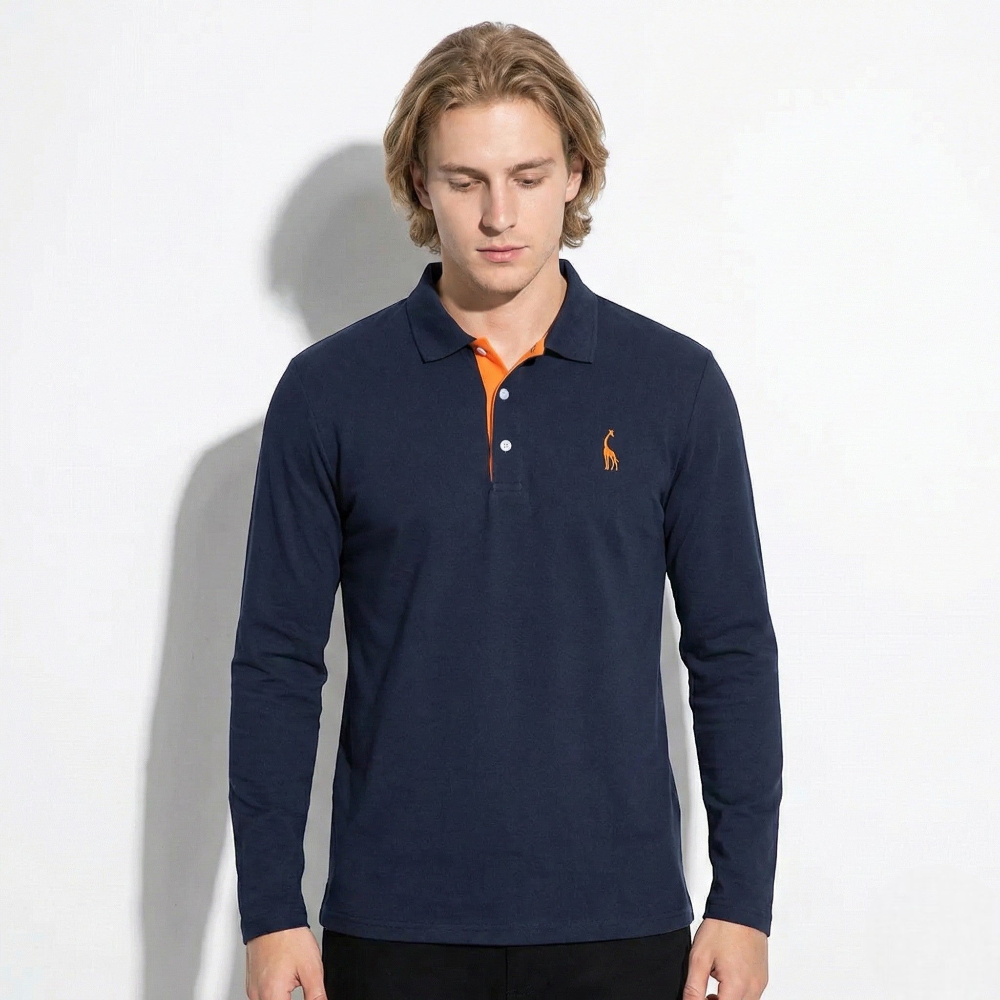 Arthur - Men's Long - Sleeved Polo Shirt with Contrast Detail - New - Navy Blue - Jones & Smith