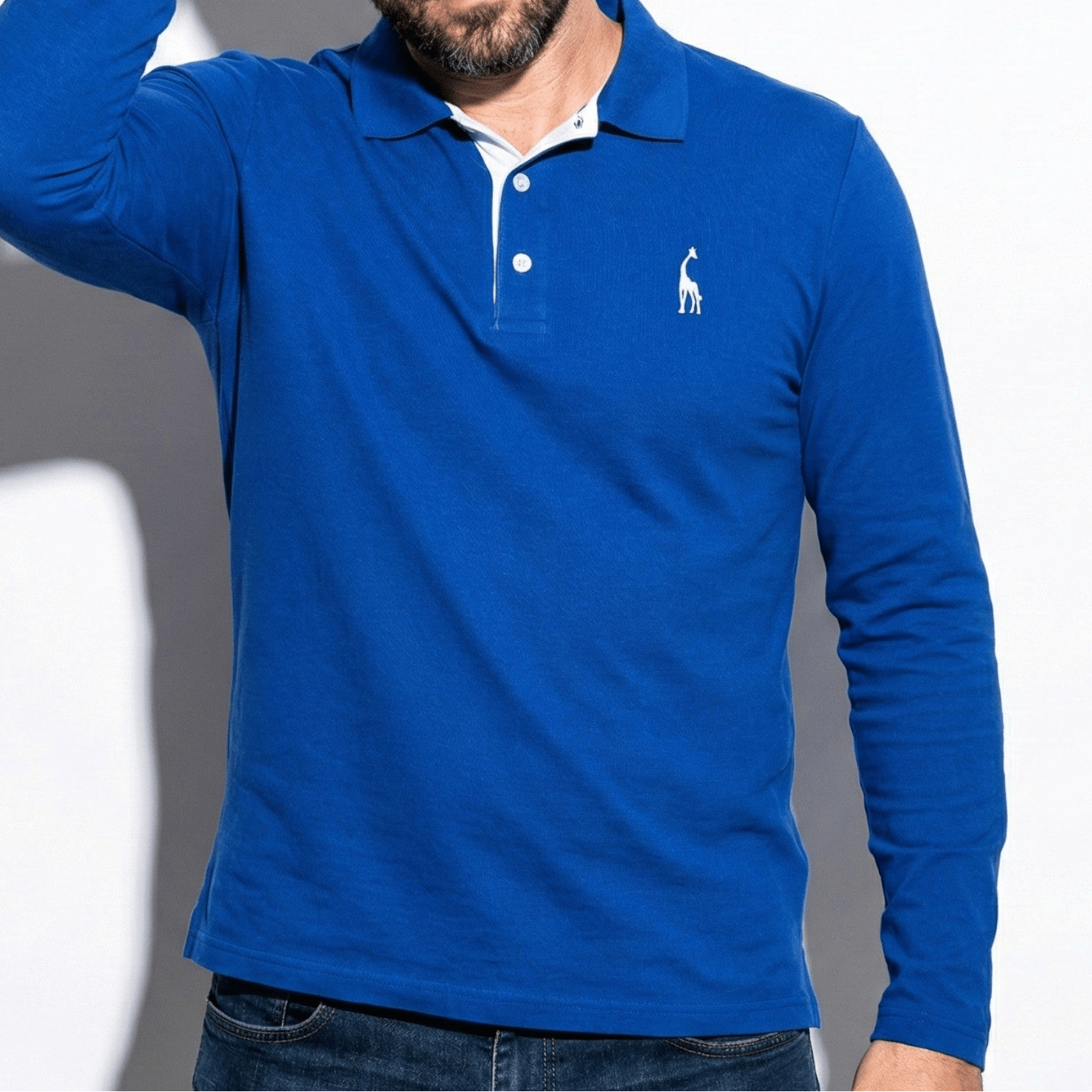 Arthur - Men's Long - Sleeved Polo Shirt with Contrast Detail - New - Blue - Jones & Smith