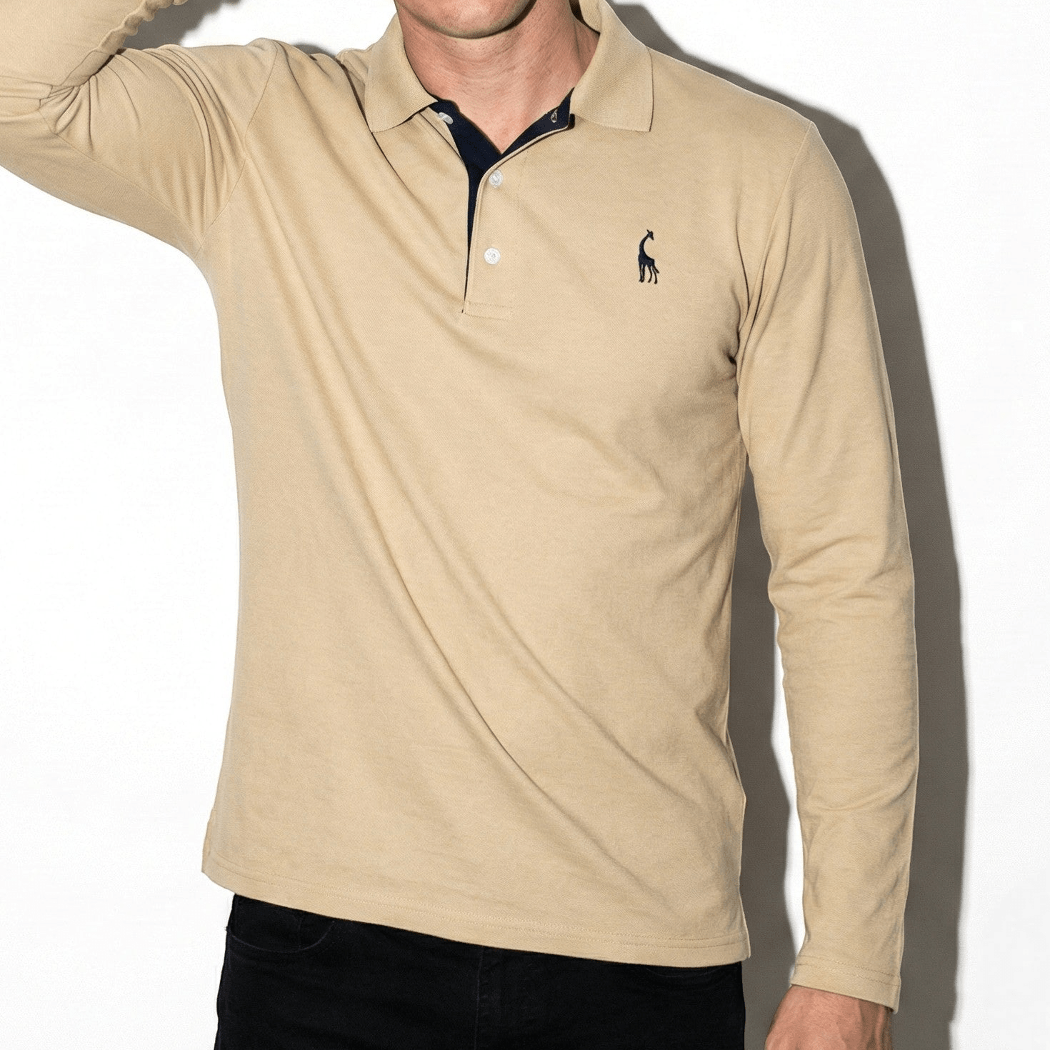Arthur - Men's Long - Sleeved Polo Shirt with Contrast Detail - New - Khaki - Jones & Smith