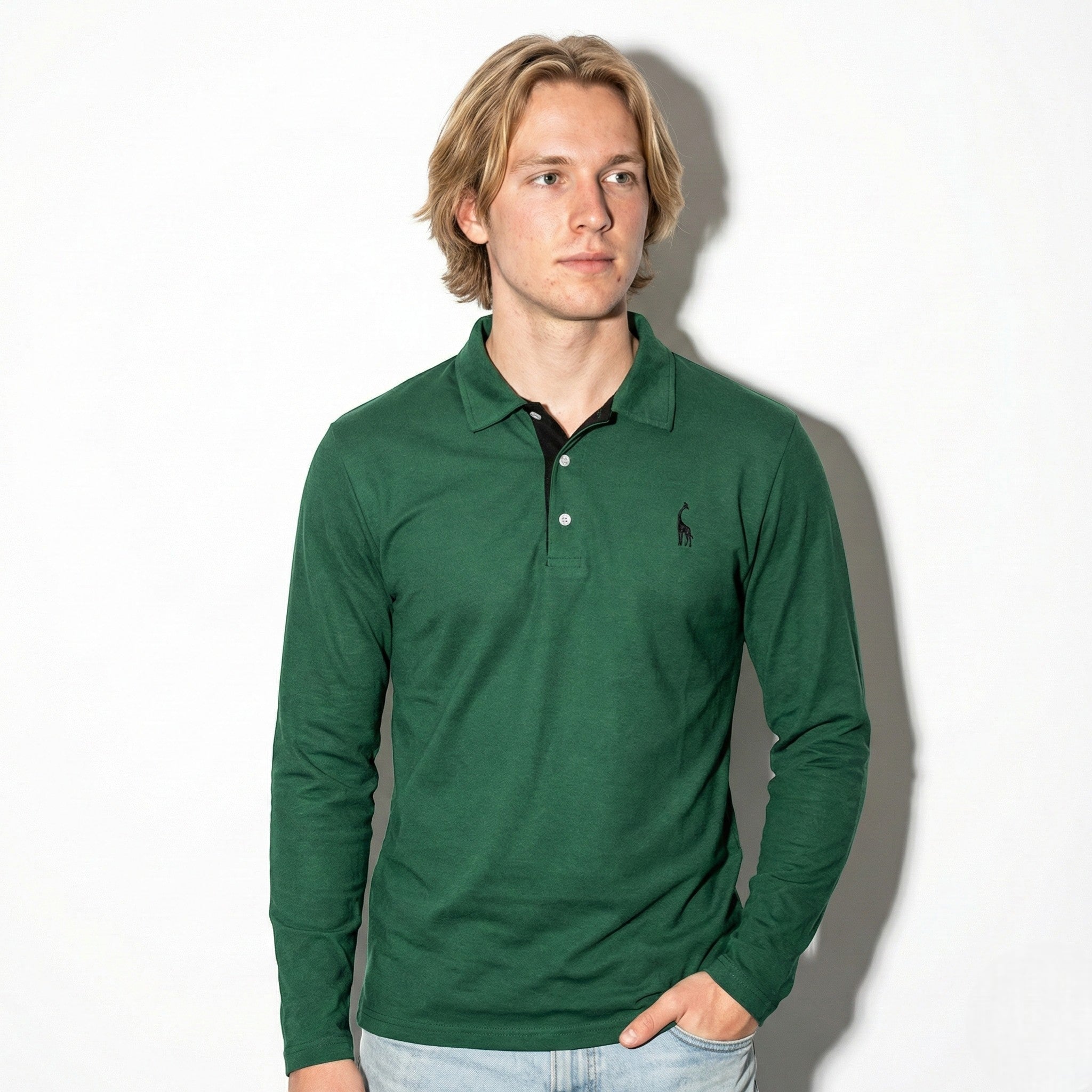 Arthur - Men's Long - Sleeved Polo Shirt with Contrast Detail - New - Green - Jones & Smith