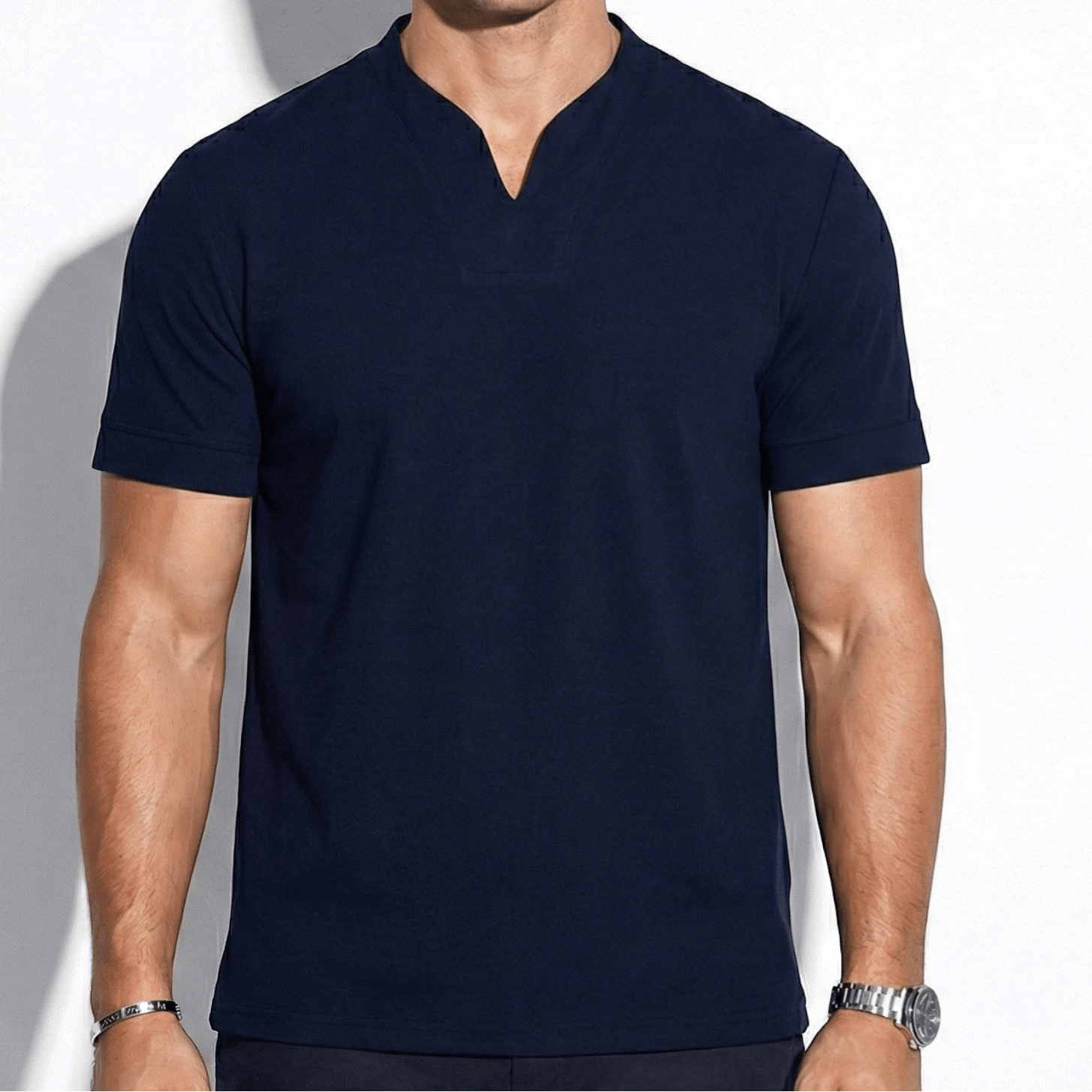 Arthur - Men's Notch Neck Short Sleeve Top - Poloshirt - Dark Blue - Jones & Smith
