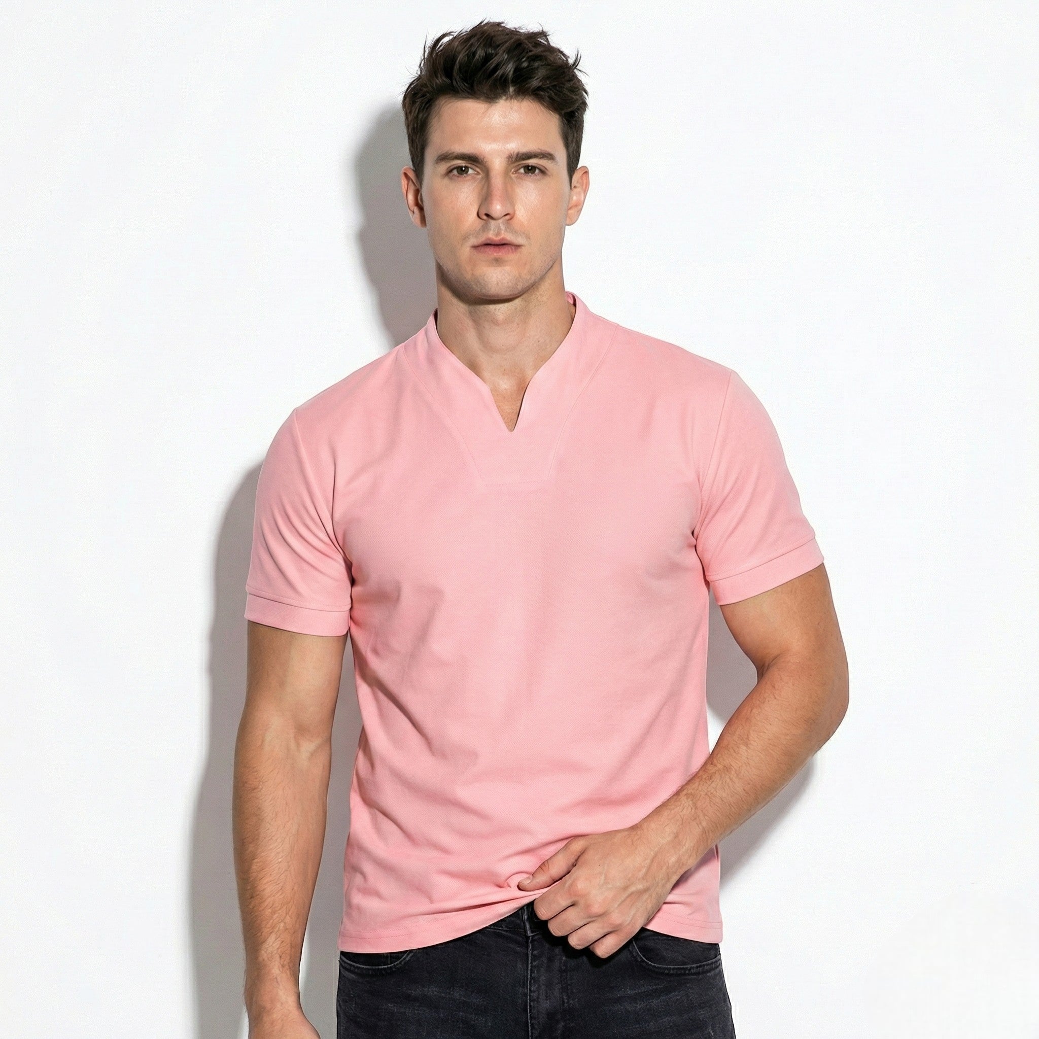Arthur - Men's Notch Neck Short Sleeve Top - Poloshirt - Pink - Jones & Smith