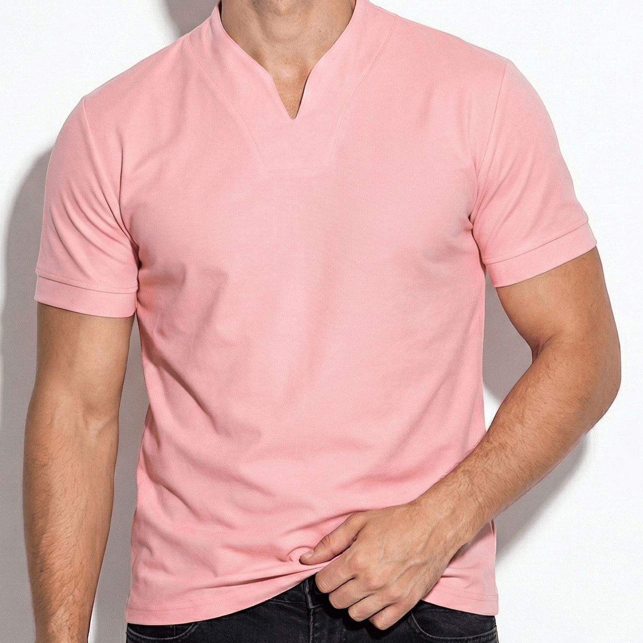 Arthur - Men's Notch Neck Short Sleeve Top - Poloshirt - Pink - Jones & Smith