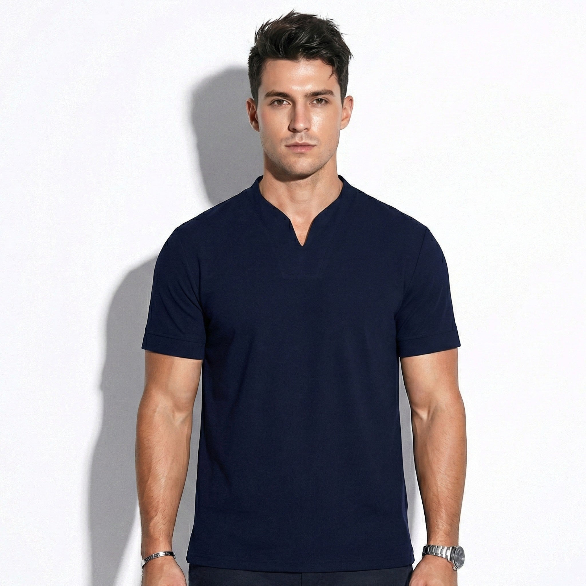 Arthur - Men's Notch Neck Short Sleeve Top - Poloshirt - Dark Blue - Jones & Smith