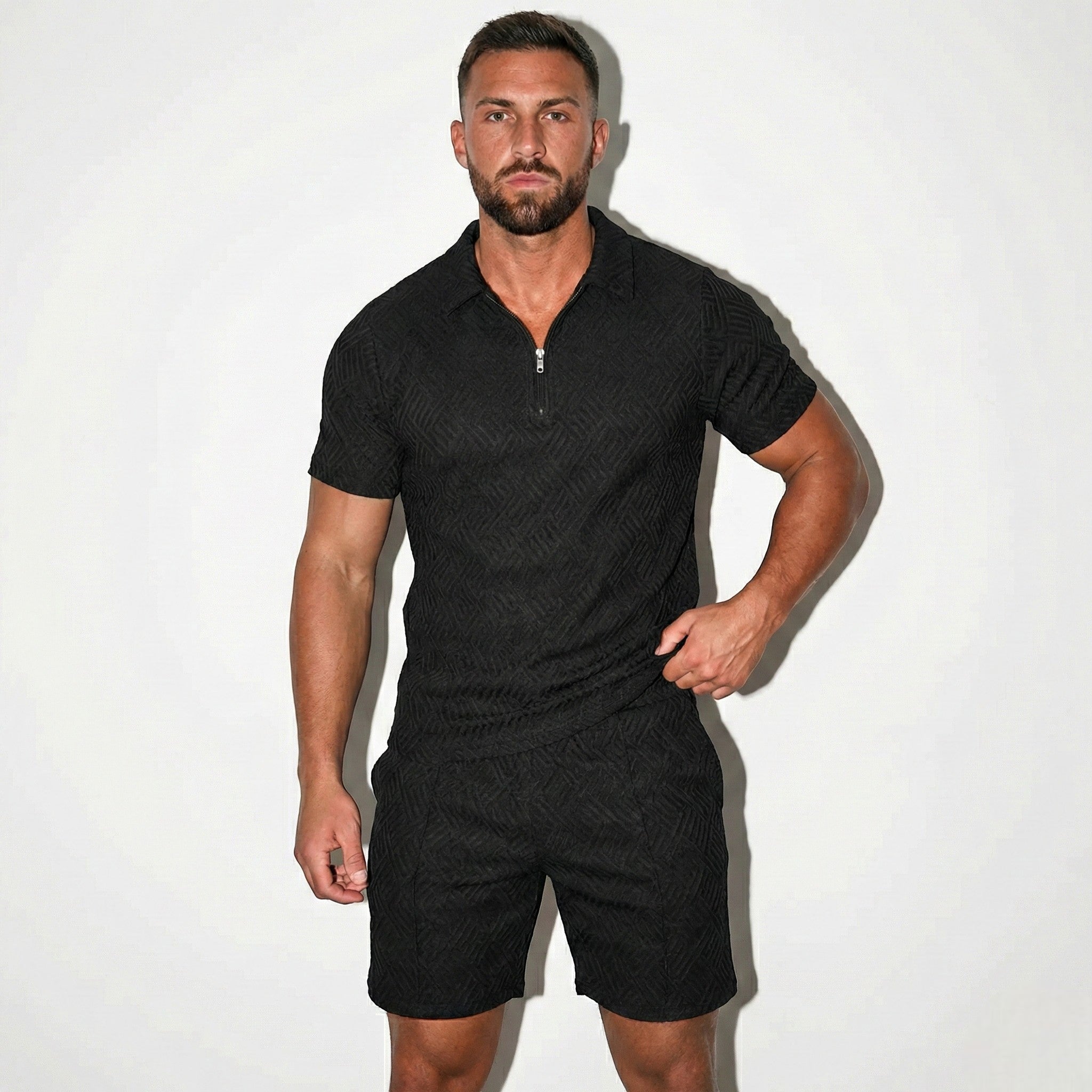 Arthur - Men's Quarter - Zip Polo Shirt and Shorts Set - Short set - Black - Jones & Smith