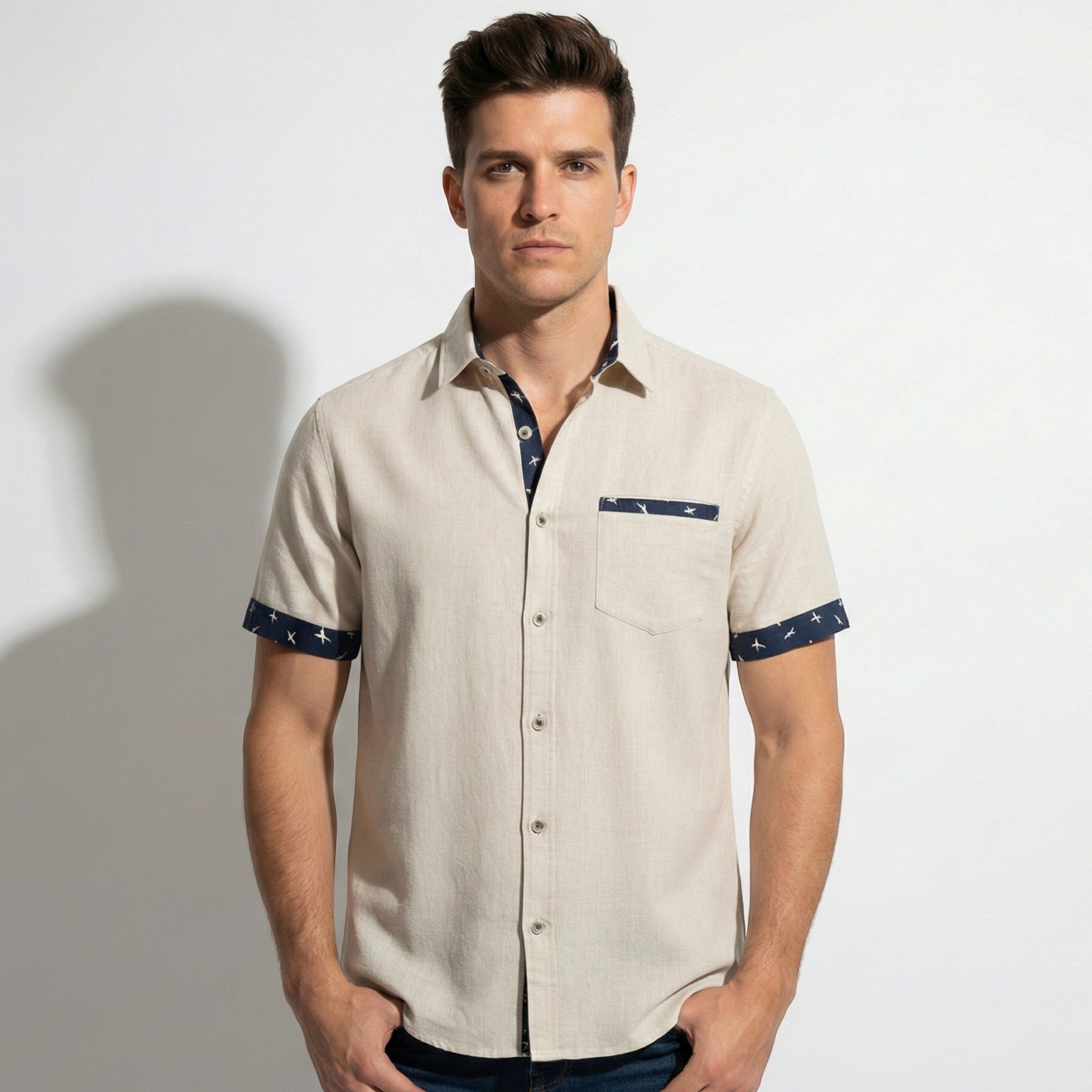 Arthur - Men's Short Sleeve Shirt with Contrast Trim - Men Shirt - Khaki - Jones & Smith