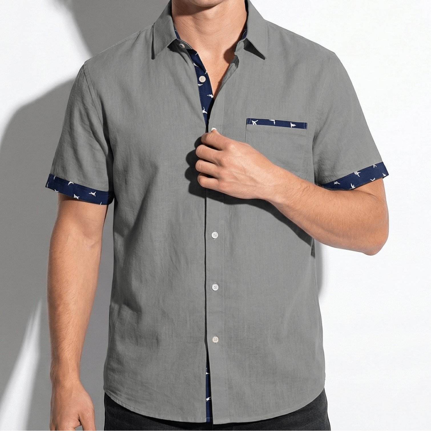 Arthur - Men's Short Sleeve Shirt with Contrast Trim - Men Shirt - Grey - Jones & Smith