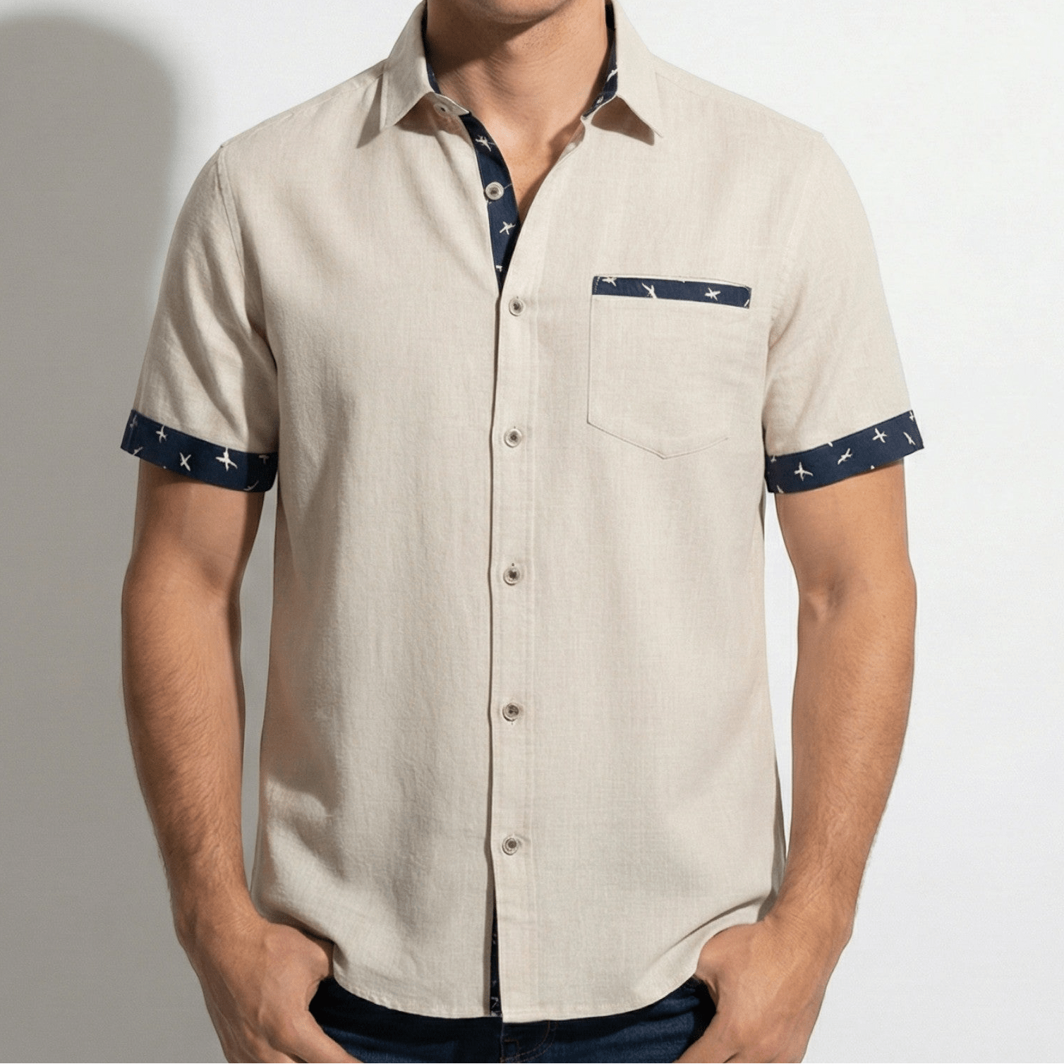 Arthur - Men's Short Sleeve Shirt with Contrast Trim - Men Shirt - Khaki - Jones & Smith