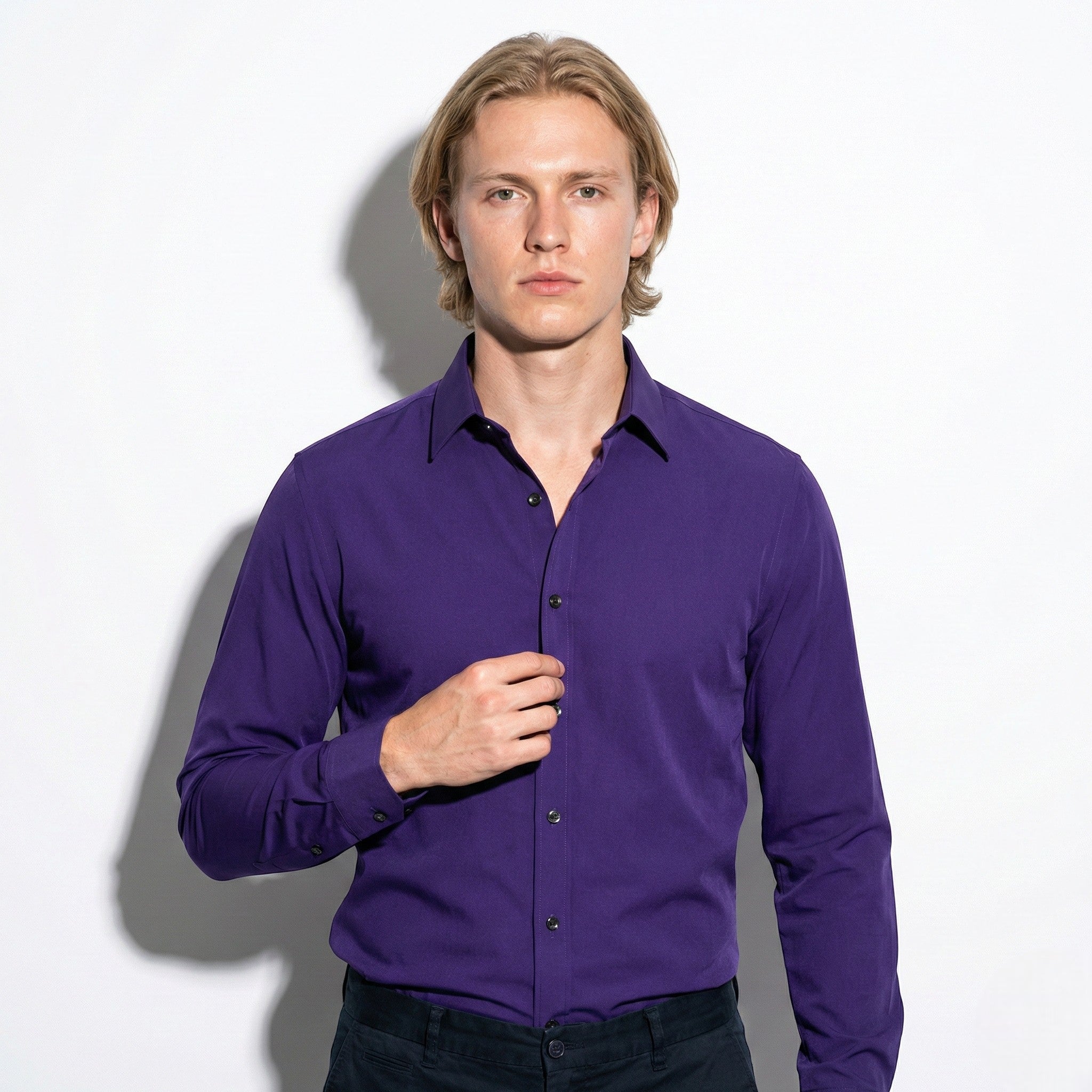 Arthur - Men's Slim Fit Shirt with Contrast Buttons - Long Sleeve Polo Shirt - Purple - Jones & Smith