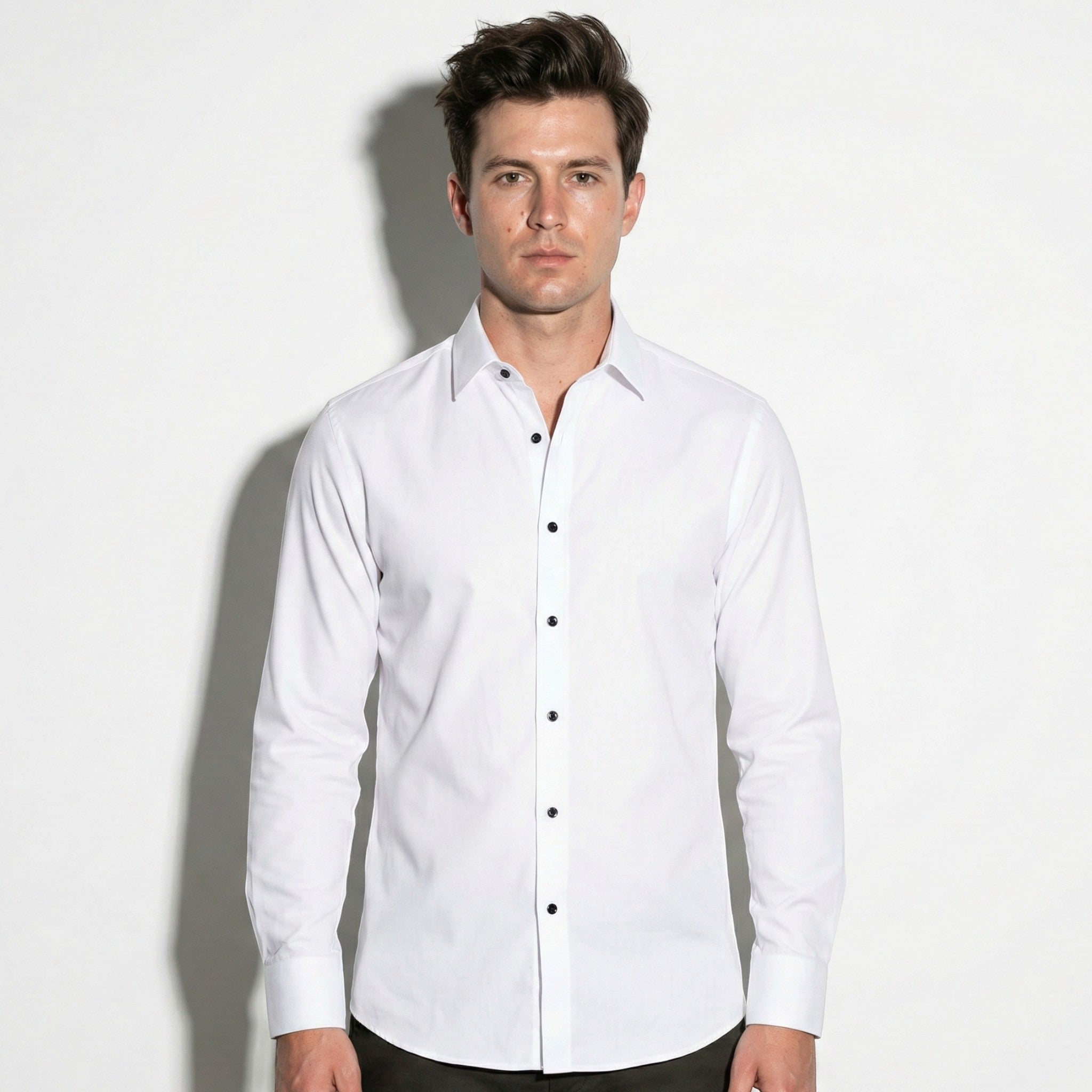 Arthur - Men's Slim Fit Shirt with Contrast Buttons - Long Sleeve Polo Shirt - White - Jones & Smith