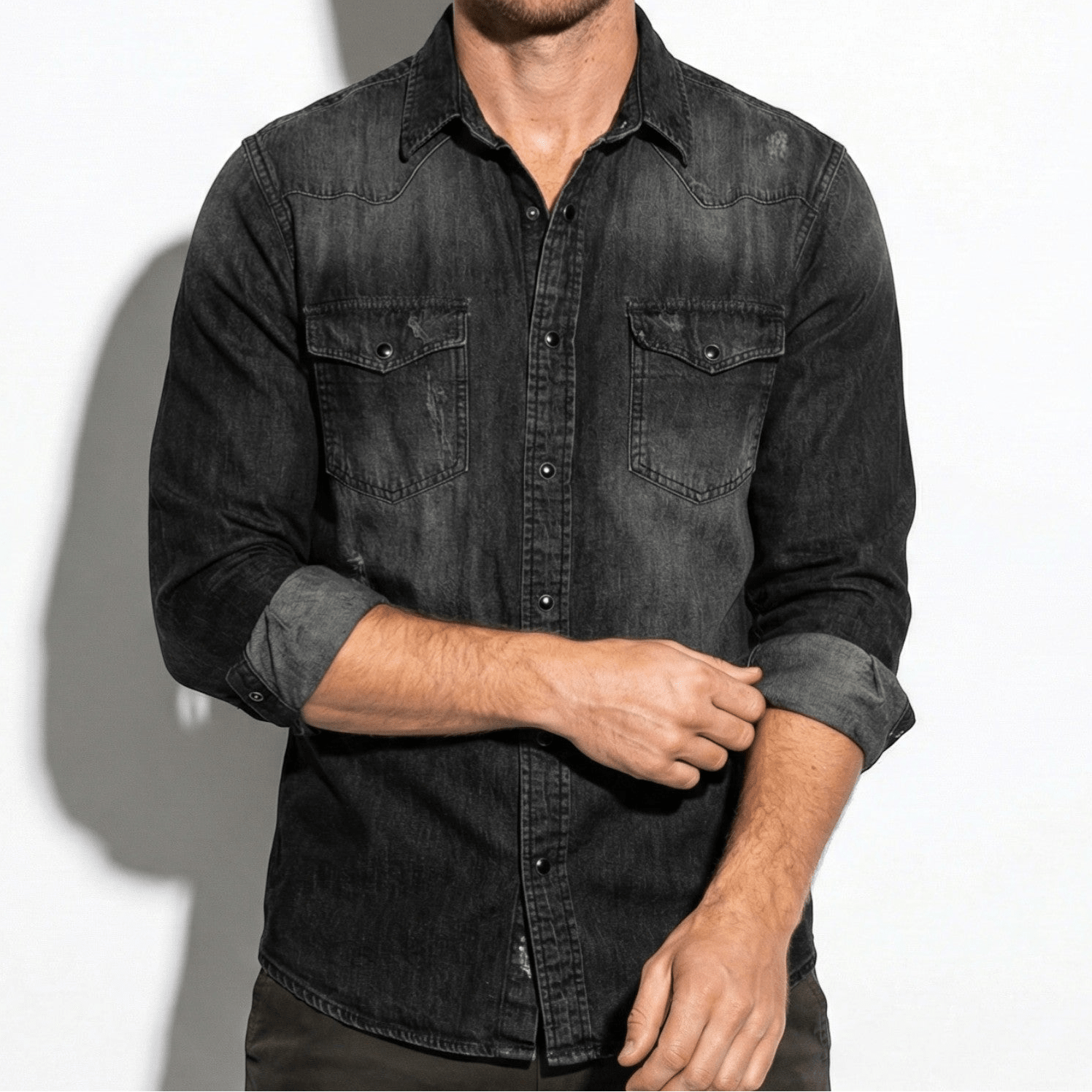 Arthur - Men's Slim Fit Western Denim Shirt - Denim Shirt - Dark Grey - Jones & Smith