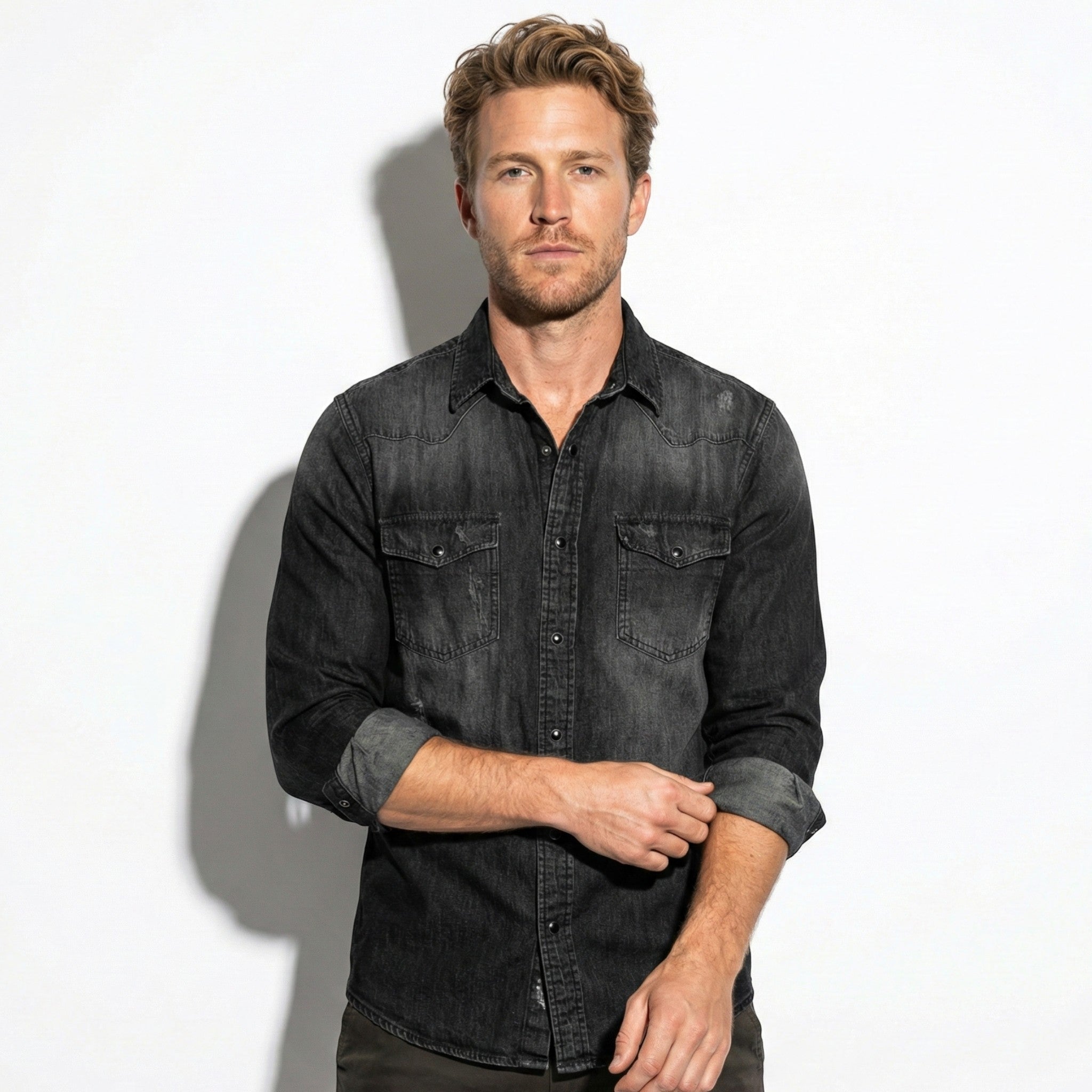 Arthur - Men's Slim Fit Western Denim Shirt - Denim Shirt - Dark Grey - Jones & Smith