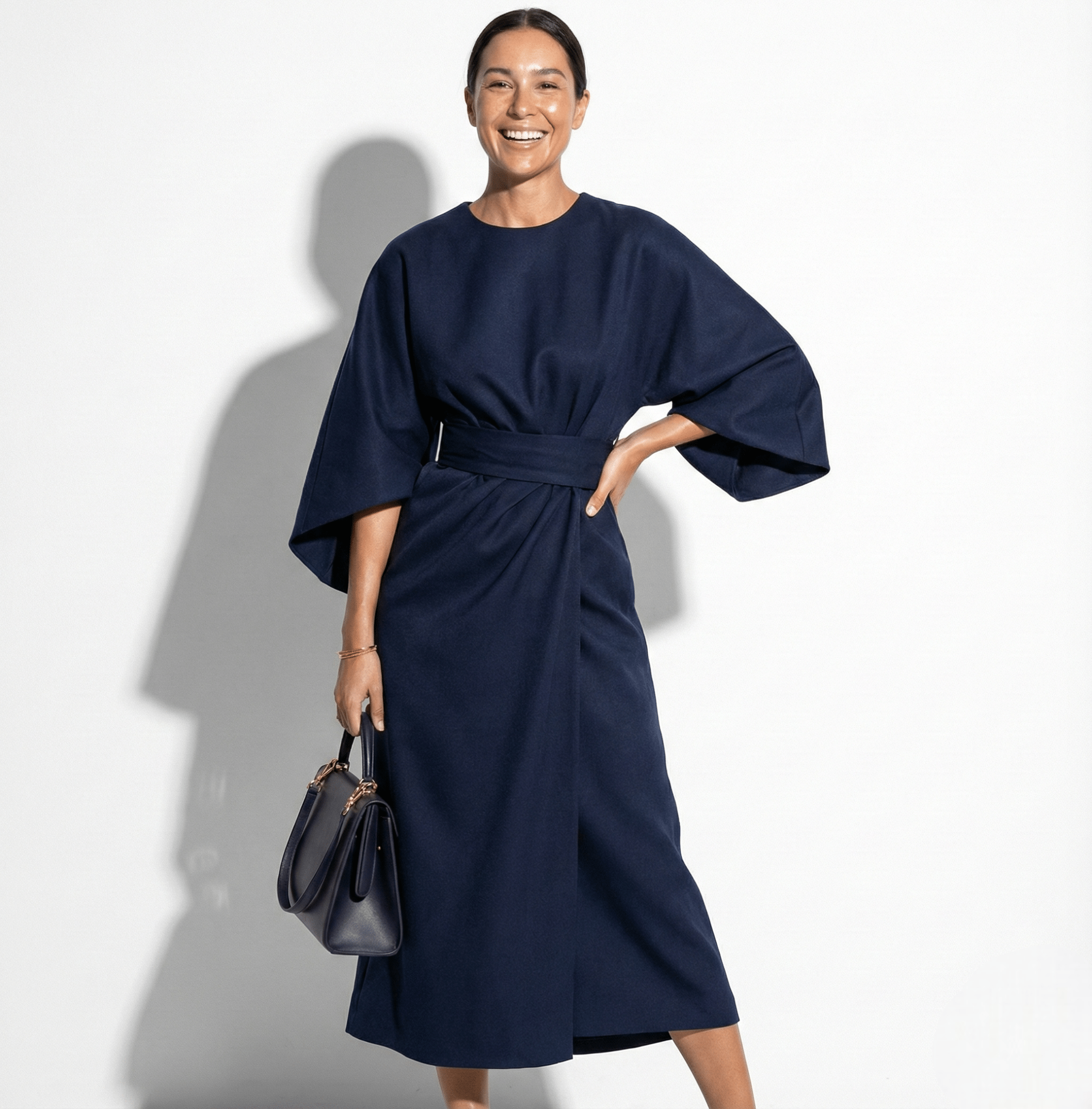 Aurora - Women's Flowy Belted Kimono Style Sleeve Maxi Dress - Dress - Navy Blue - Jones & Smith