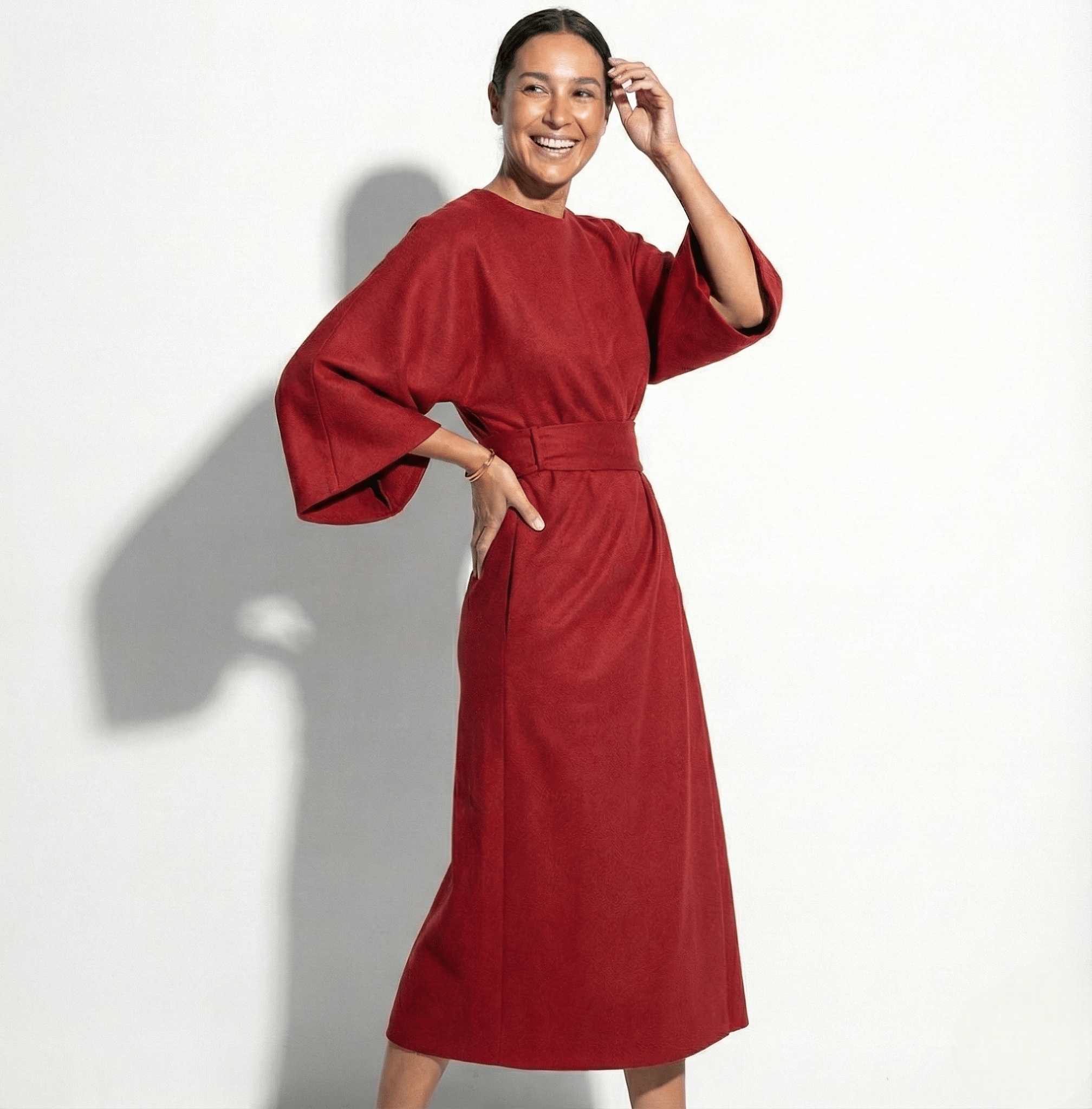Aurora - Women's Flowy Belted Kimono Style Sleeve Maxi Dress - Dress - Red - Jones & Smith