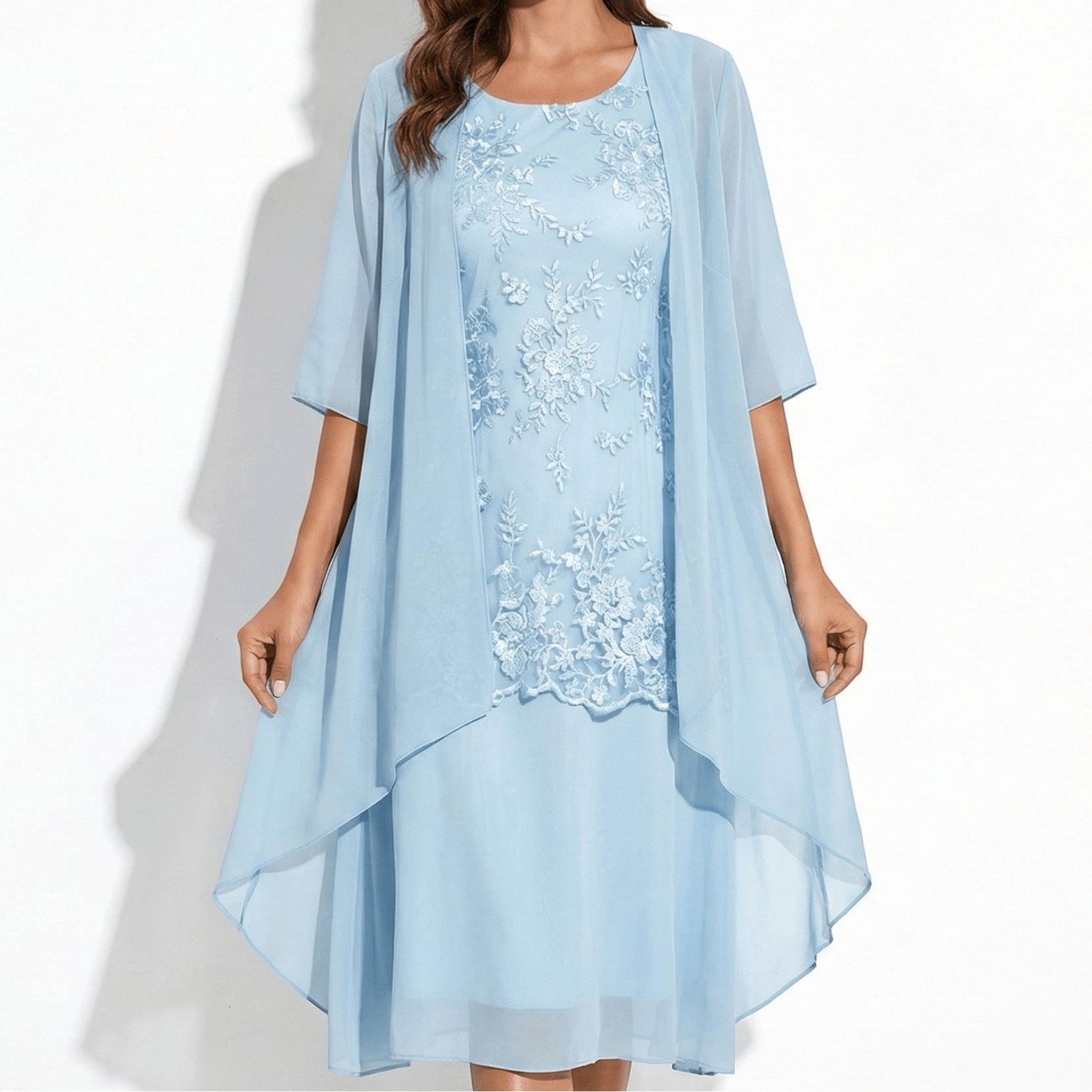Ava - Women’s Floral Lace Layered Maxi Dress with Chiffon Jacket - Women Dress - Sky Blue - Jones & Smith