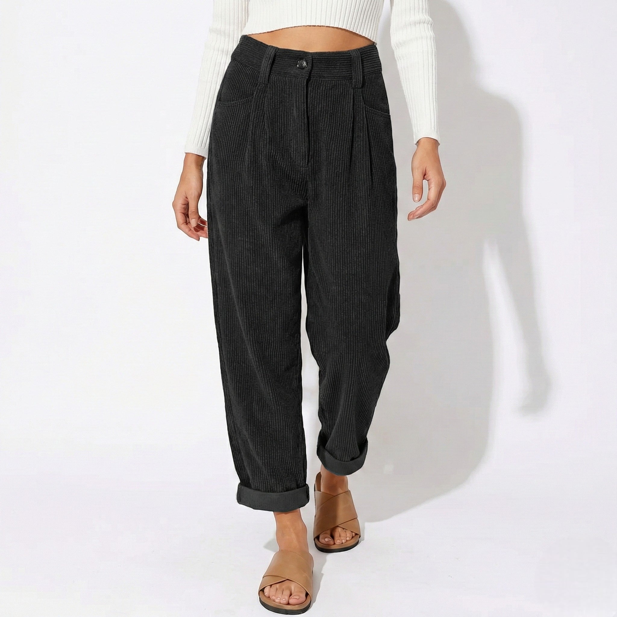 Beatrice - Women's High Waisted Corduroy Trousers - Trouser - Black - Jones & Smith