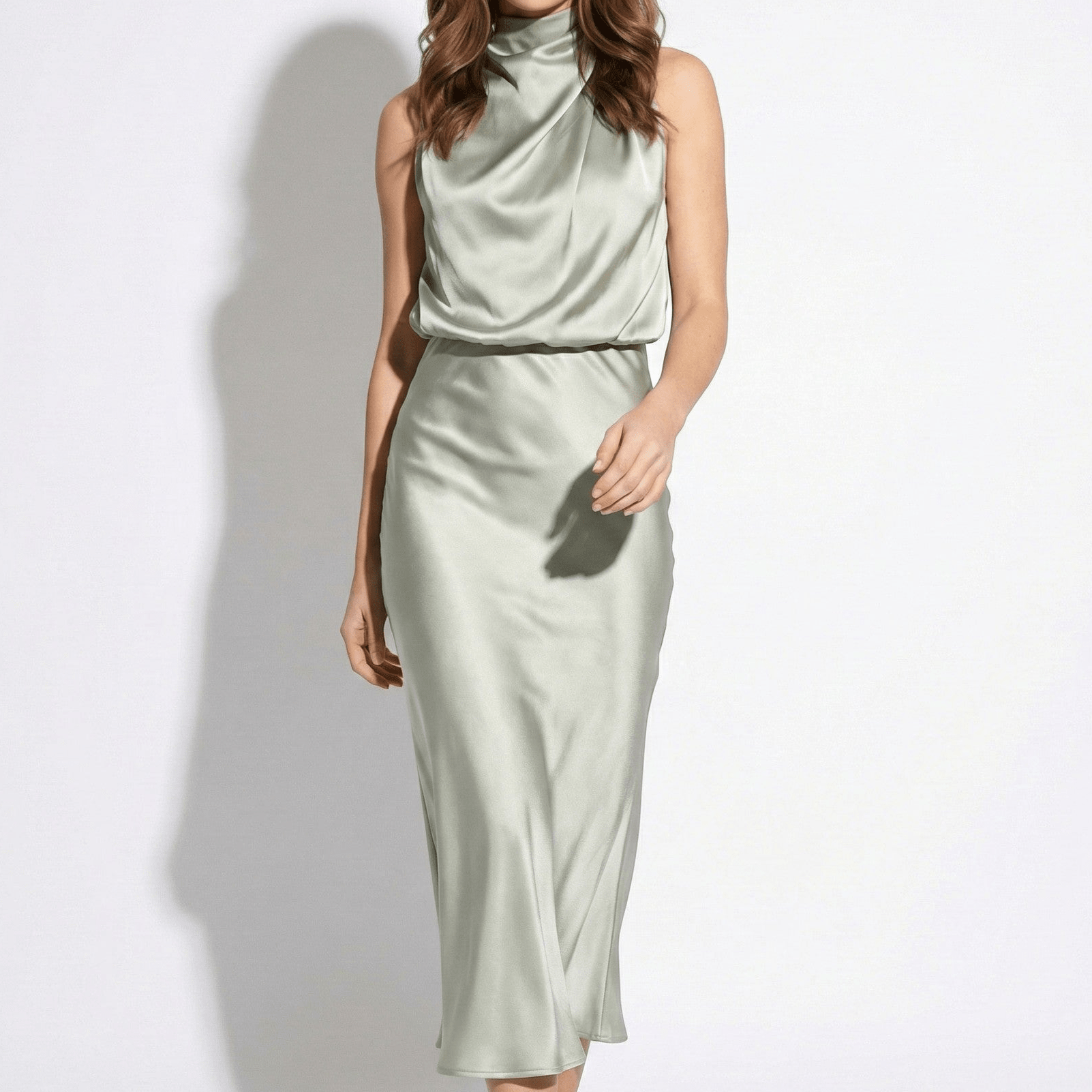 Belle - Women's High Neck Satin Maxi Dress with Shimmer Finish - Dress - Silver - Jones & Smith