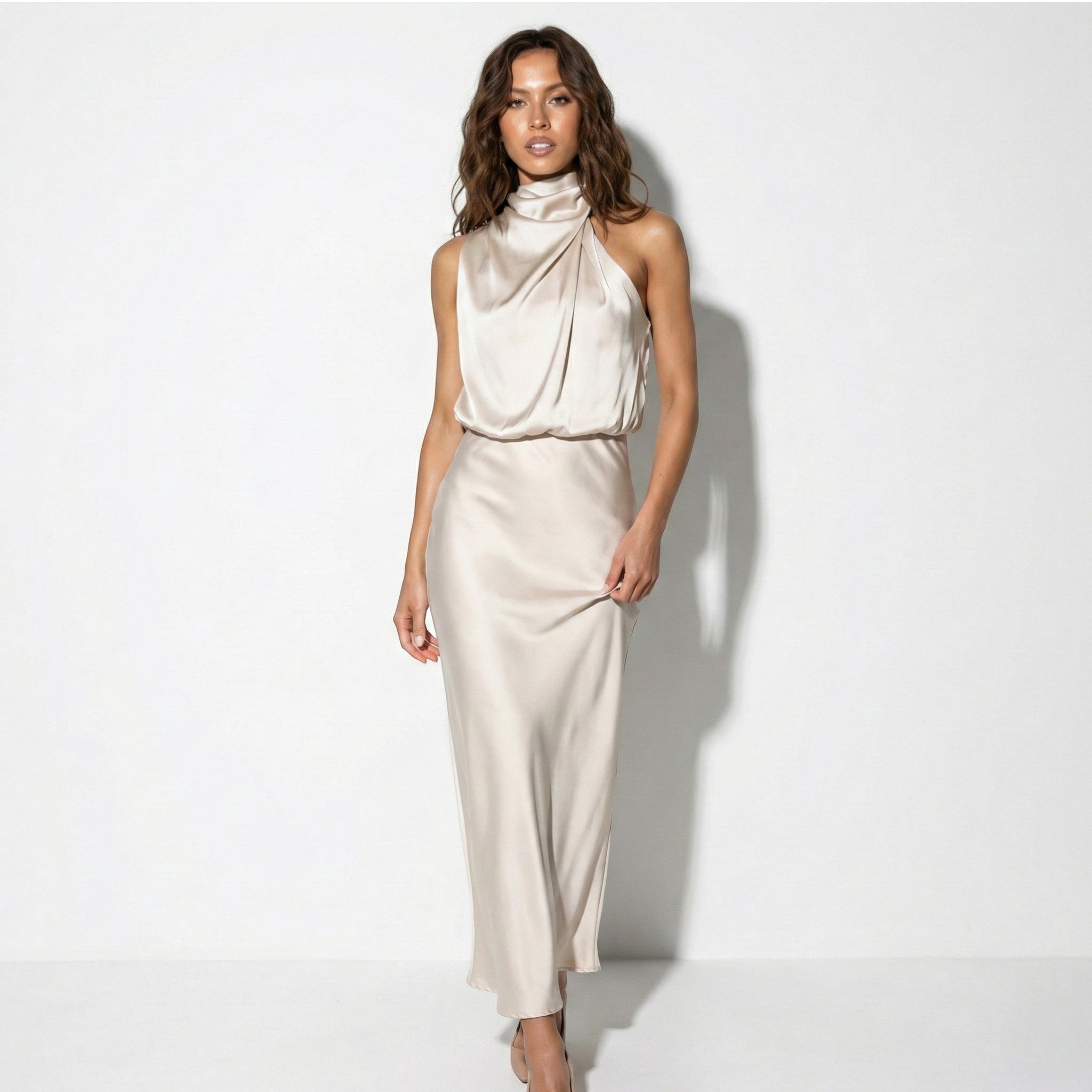 Belle - Women's High Neck Satin Maxi Dress with Shimmer Finish - Dress - Champagne - Jones & Smith