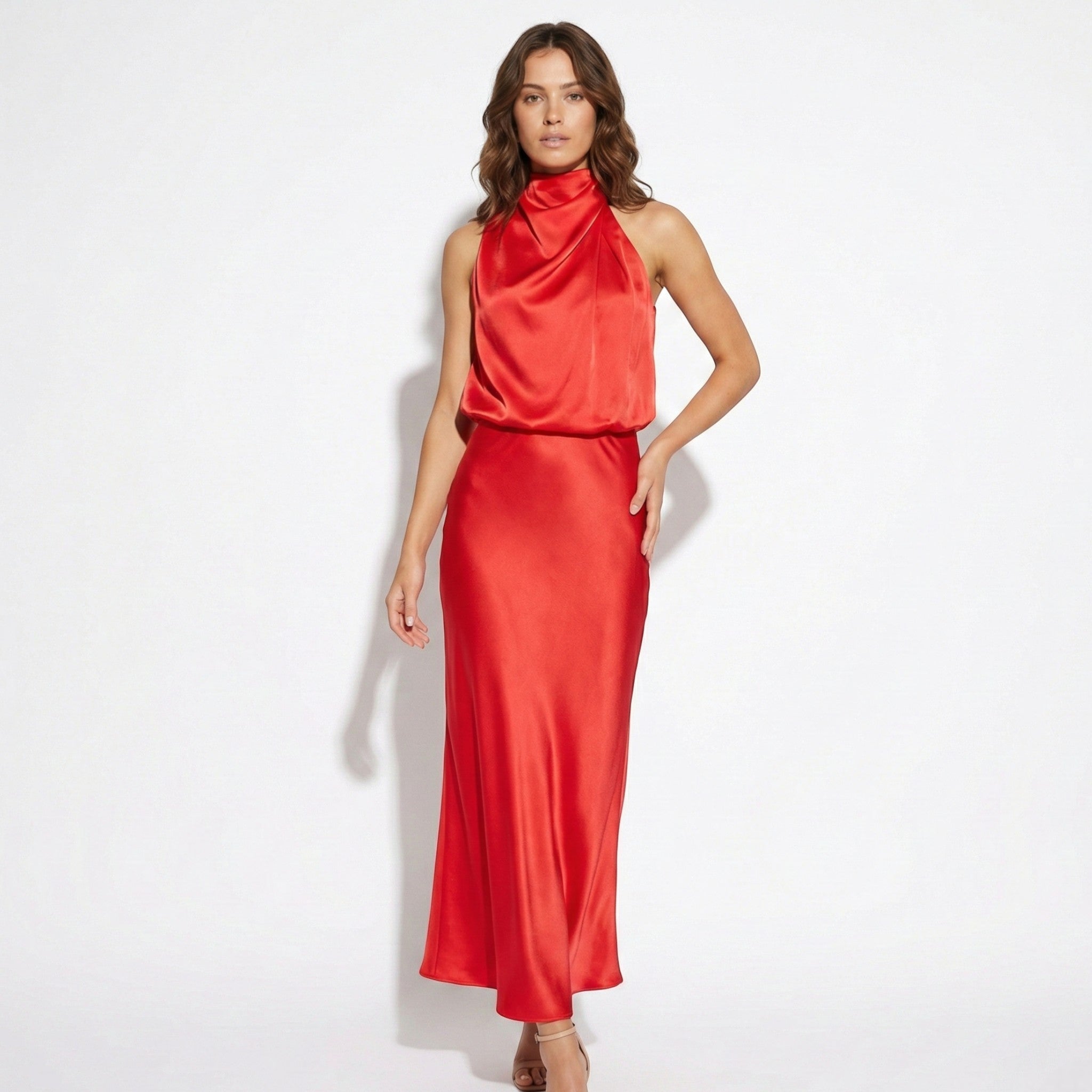 Belle - Women's High Neck Satin Maxi Dress with Shimmer Finish - Dress - Red - Jones & Smith
