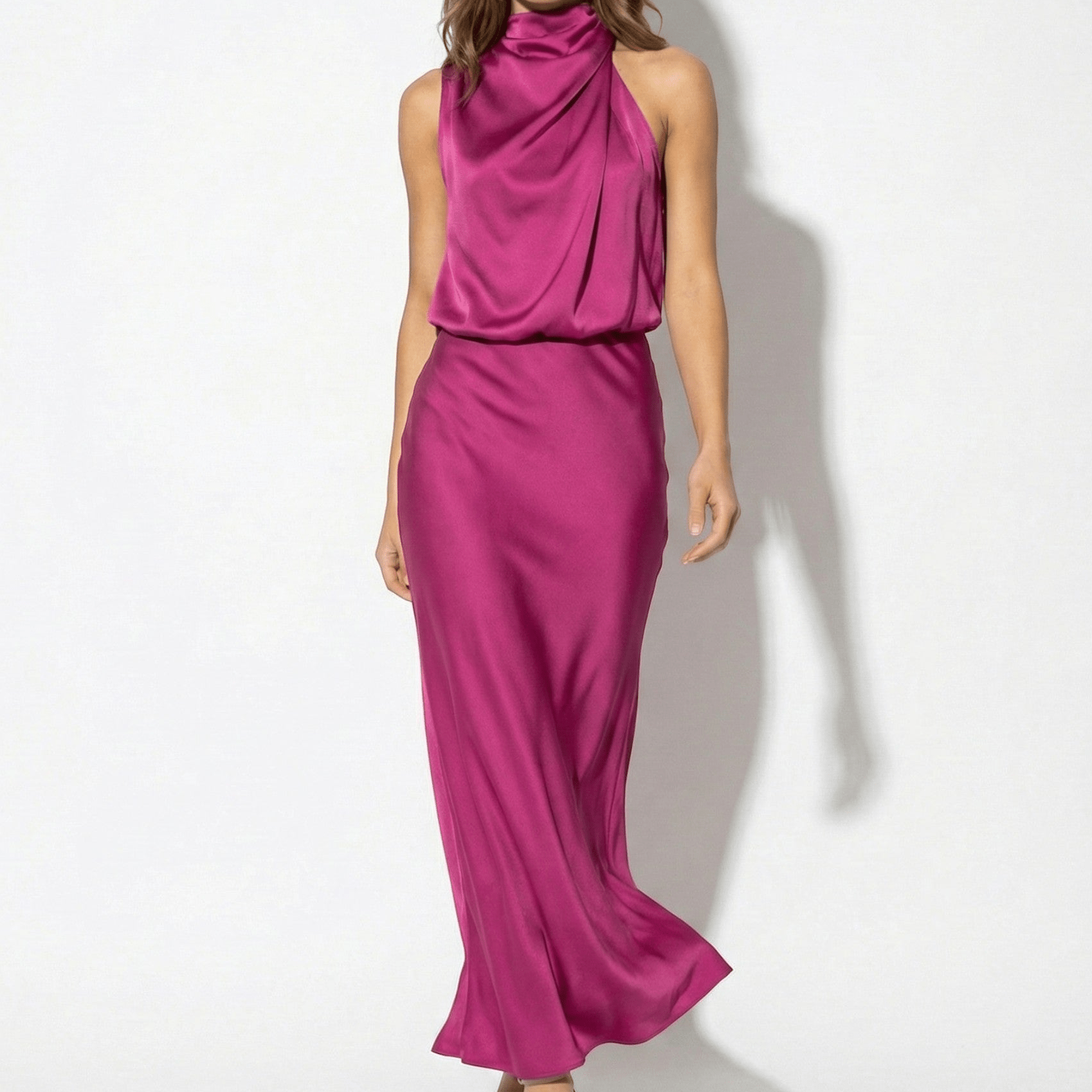 Belle - Women's High Neck Satin Maxi Dress with Shimmer Finish - Dress - Pink - Jones & Smith