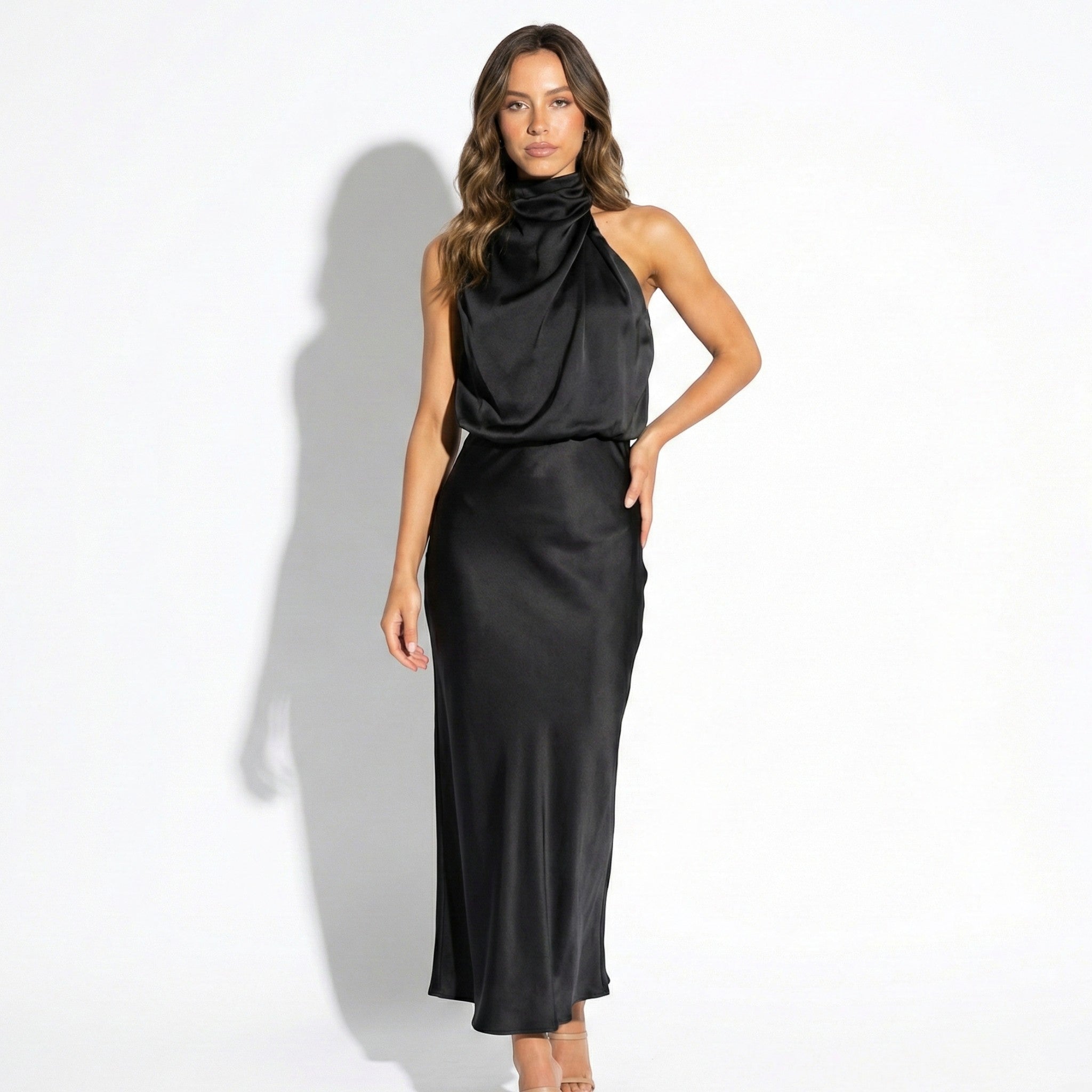 Belle - Women's High Neck Satin Maxi Dress with Shimmer Finish - Dress - Black - Jones & Smith