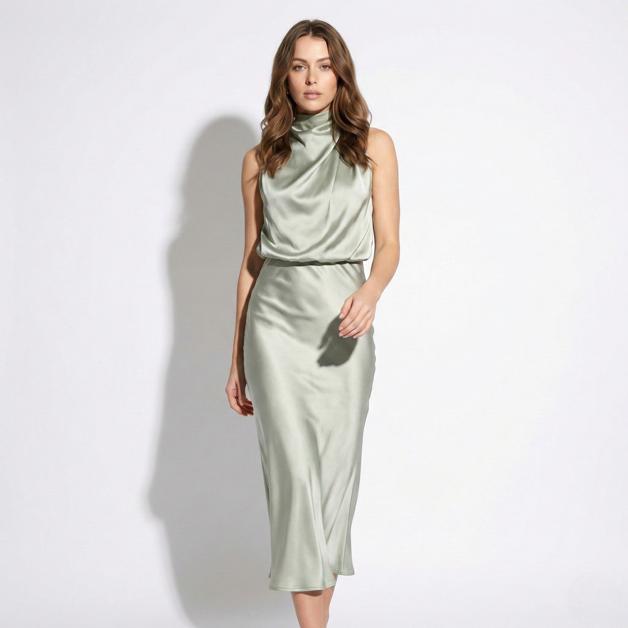 Belle - Women's High Neck Satin Maxi Dress with Shimmer Finish - Dress - Silver - Jones & Smith