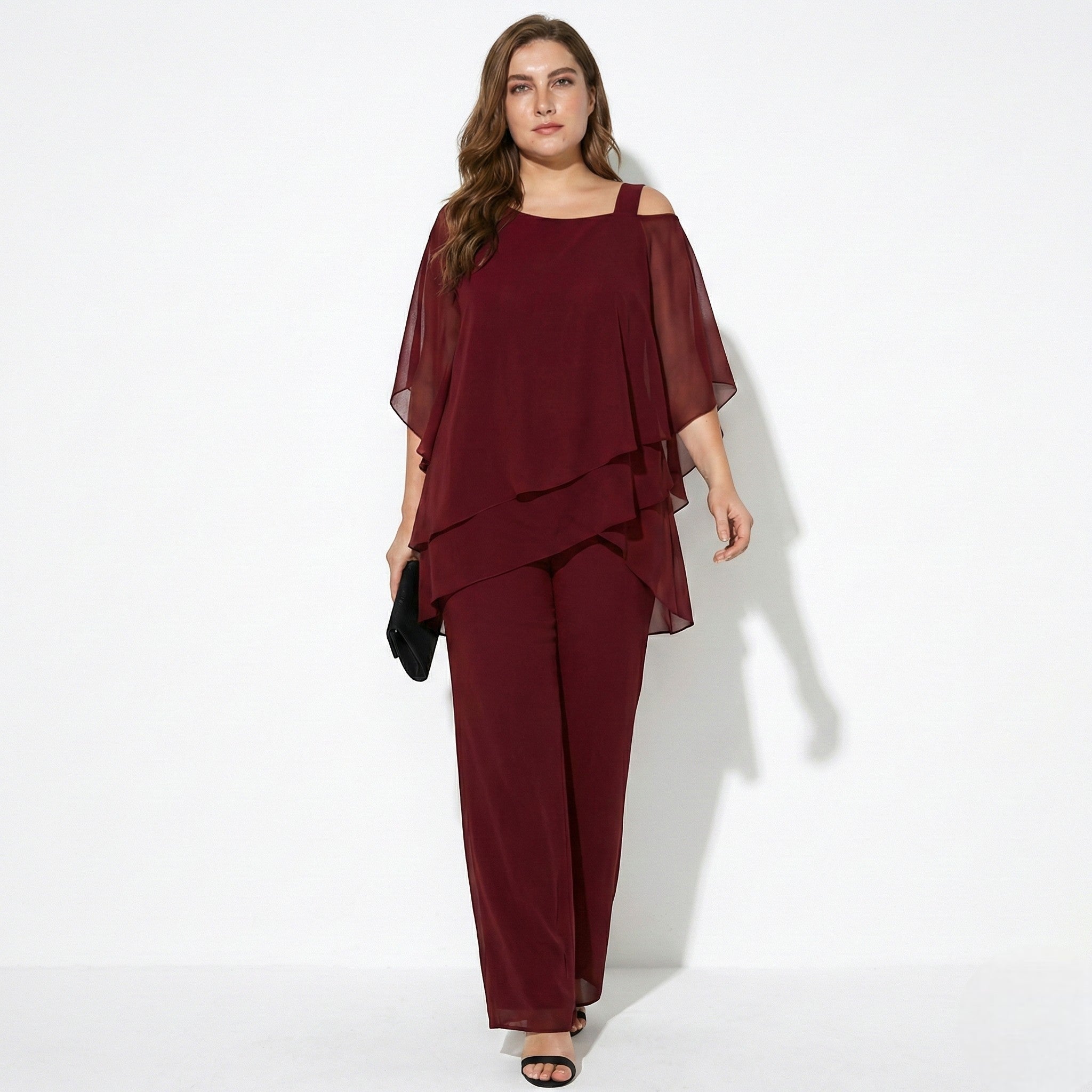 Bianca - Women's 2 - Piece Trouser Set with Layered Sleeves - Set - Wine Red - Jones & Smith