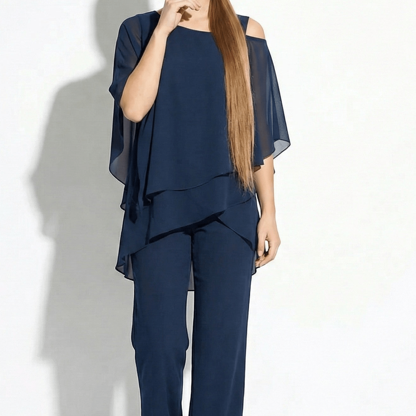Bianca - Women's 2 - Piece Trouser Set with Layered Sleeves - Set - Dark Blue - Jones & Smith