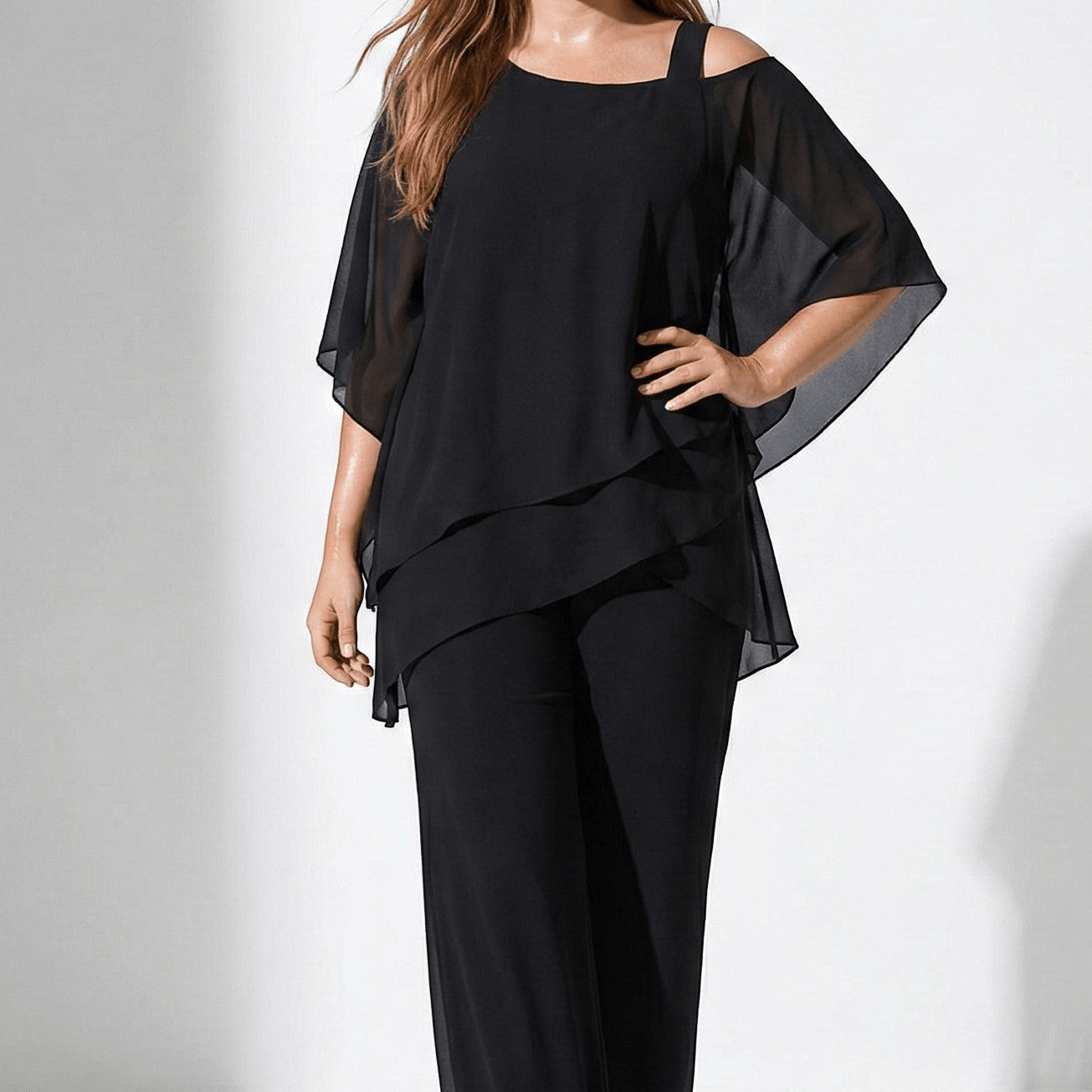 Bianca - Women's 2 - Piece Trouser Set with Layered Sleeves - Set - Black - Jones & Smith