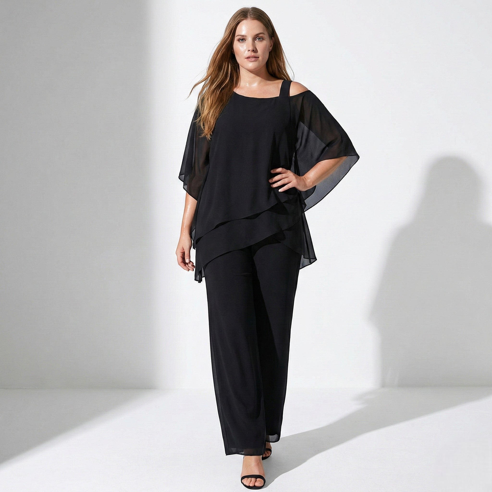 Bianca - Women's 2 - Piece Trouser Set with Layered Sleeves - Set - Black - Jones & Smith