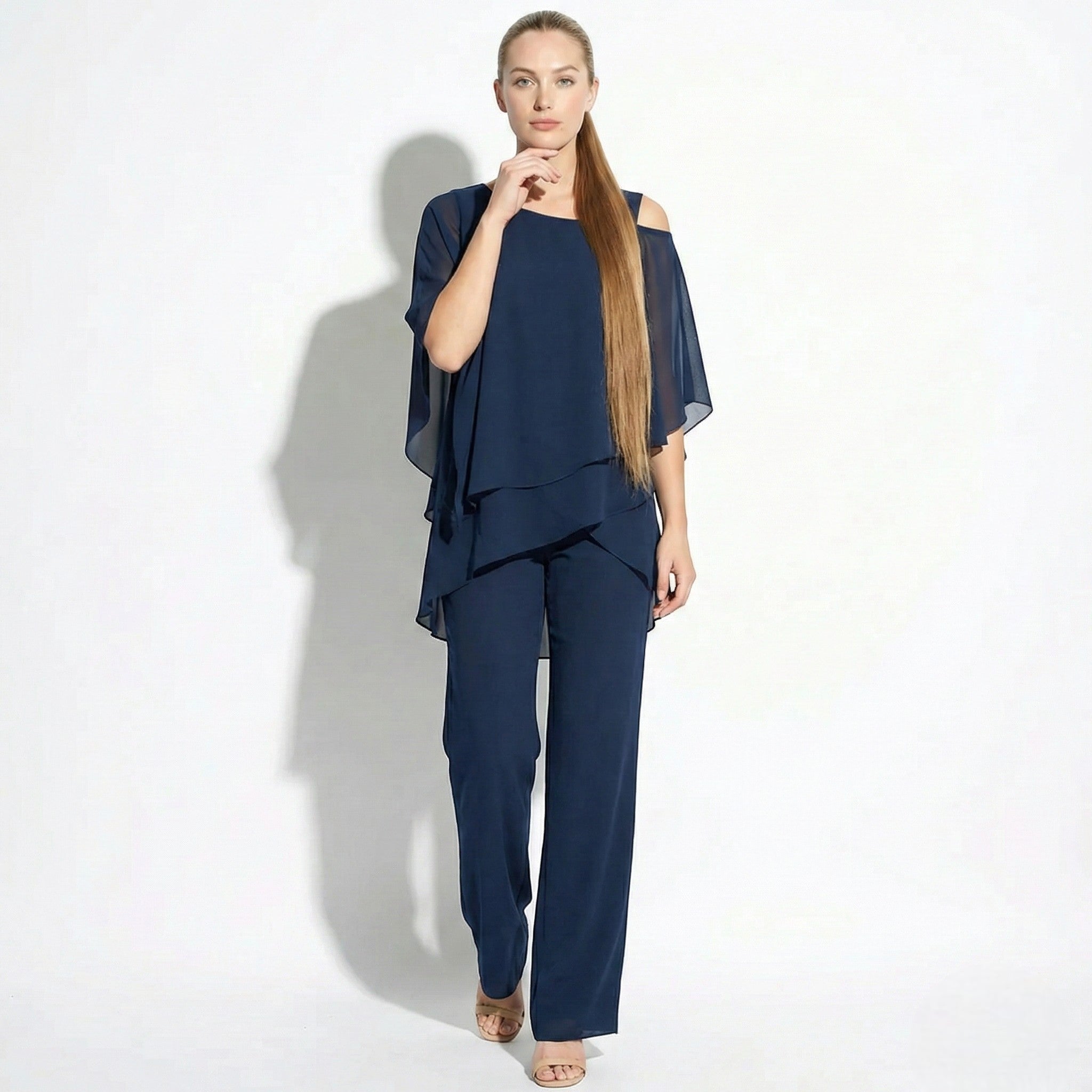 Bianca - Women's 2 - Piece Trouser Set with Layered Sleeves - Set - Dark Blue - Jones & Smith