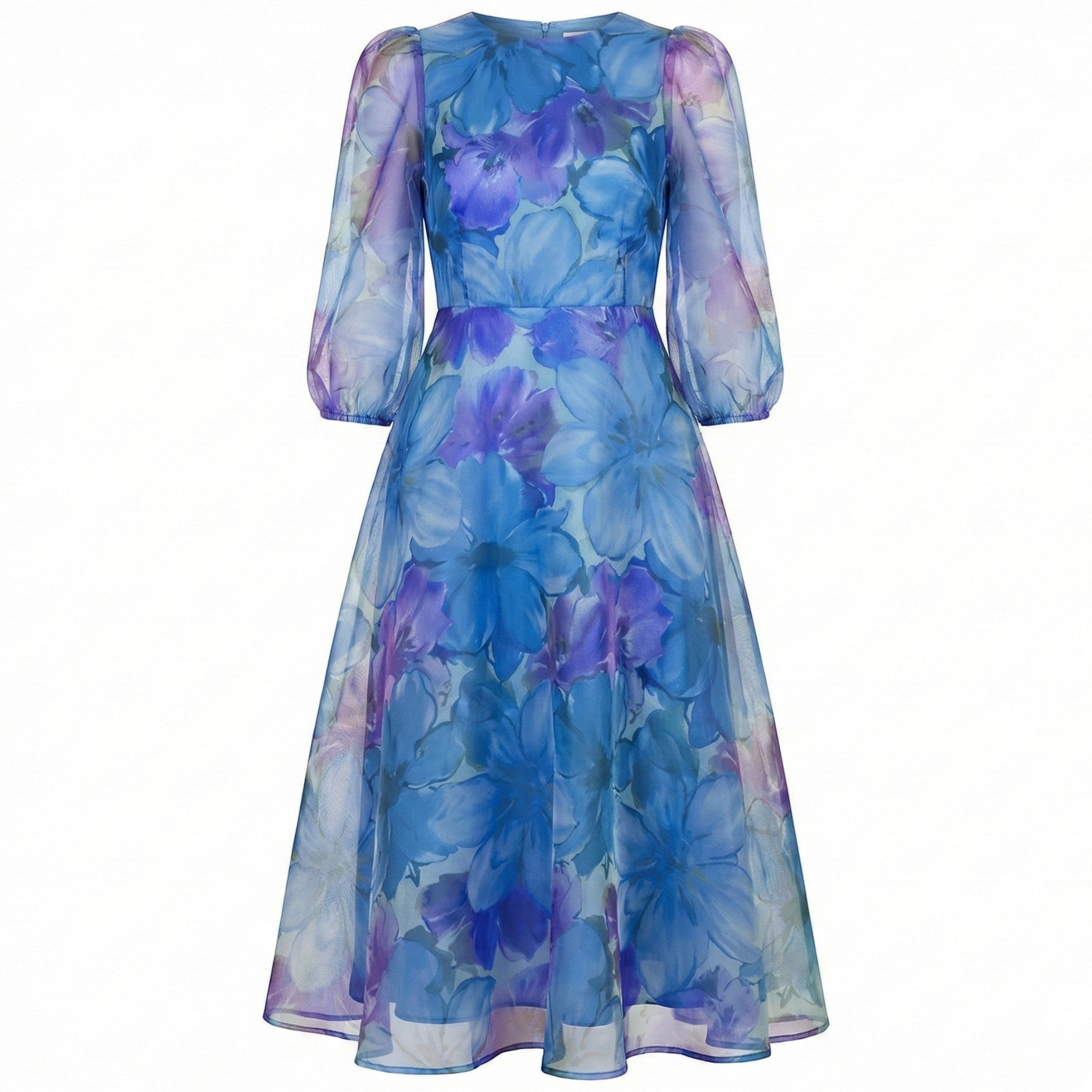 Aria - Women's Floral Print Midi Dress with Sheer Sleeves