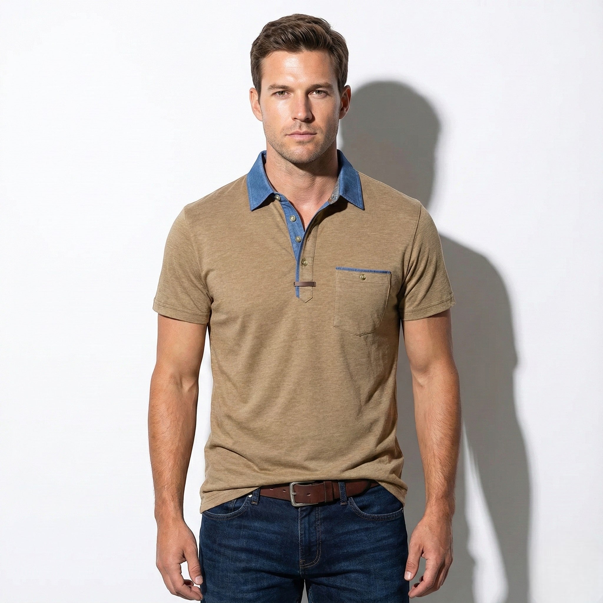 Calvin - Men's Chest Pocket Polo Shirt - Tops, T-shirts & Shirts - Khaki - Jones & Smith