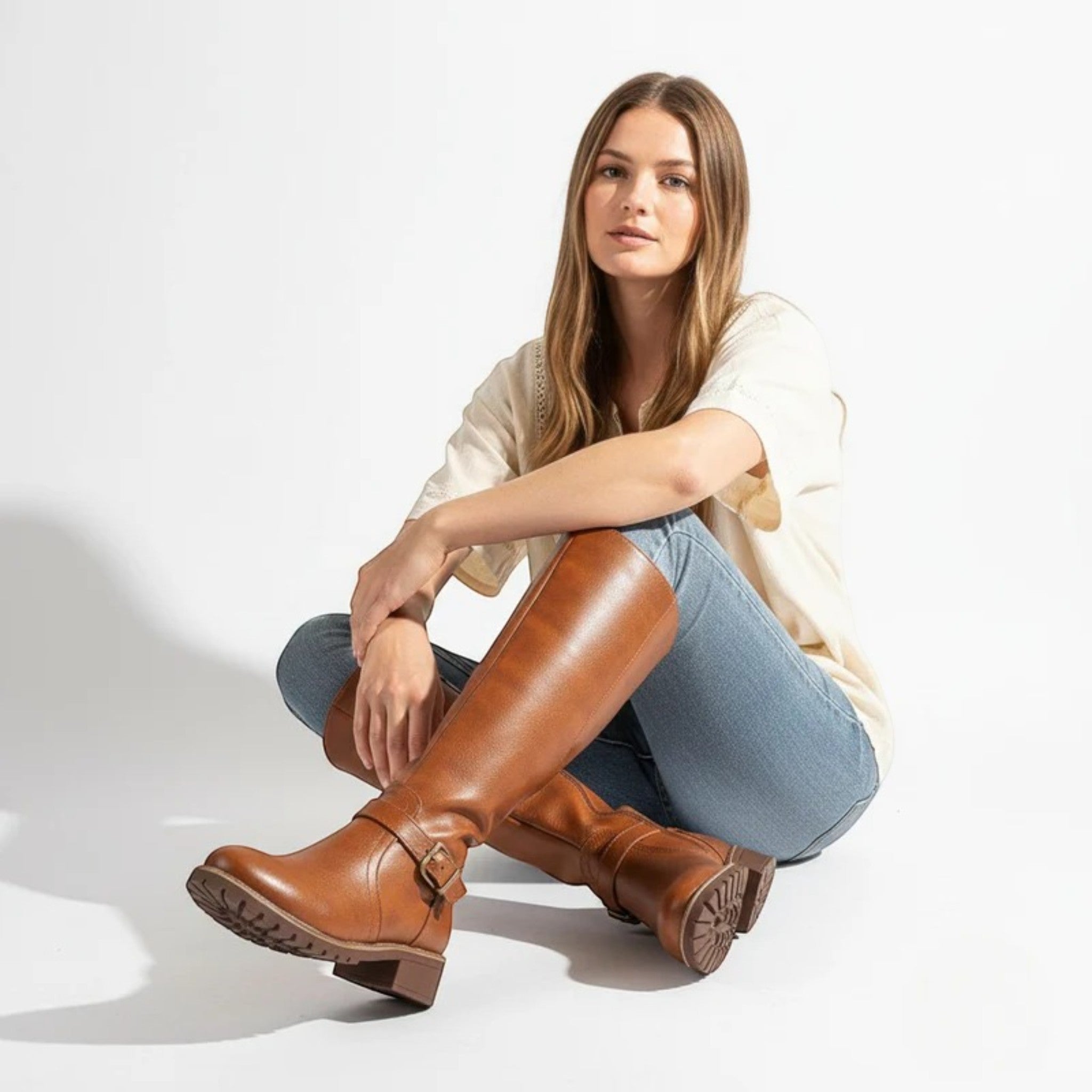 Camila – Women’s Leather Knee - High Buckle Boots - Leather Boots - Brown - Jones & Smith