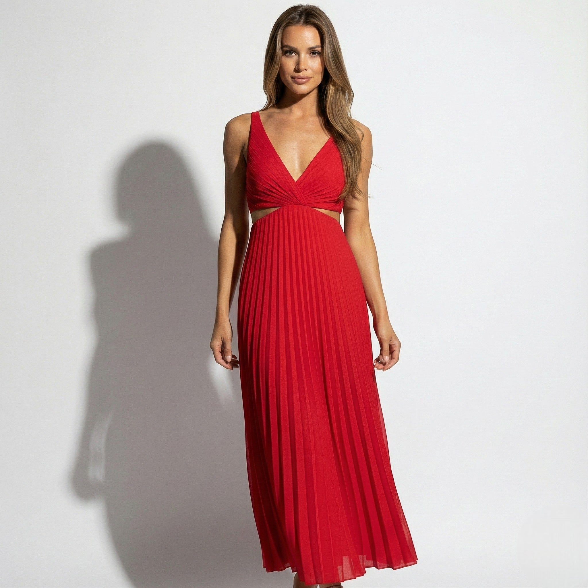 Caroline - Women's Pleated V - Neck Skirt Dress - Dress - Red - Jones & Smith