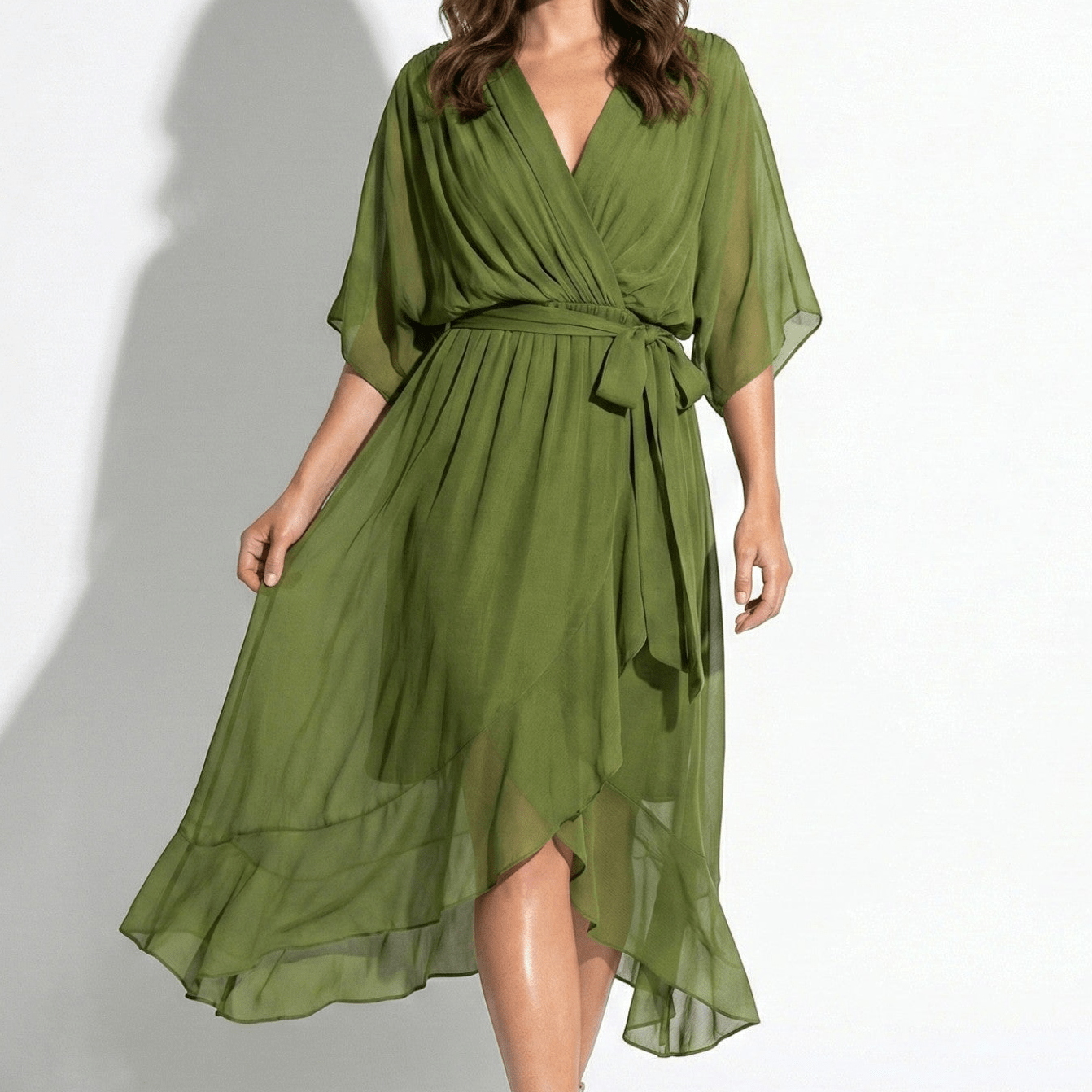 Charlotte - Women's V - Neck Midi Dress with Tie Waist and Flowy Sleeves - Dresses - Green - Jones & Smith
