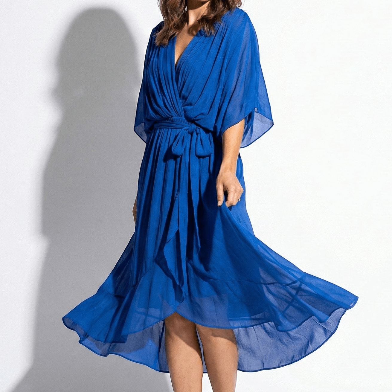 Charlotte - Women's V - Neck Midi Dress with Tie Waist and Flowy Sleeves - Dresses - Blue - Jones & Smith