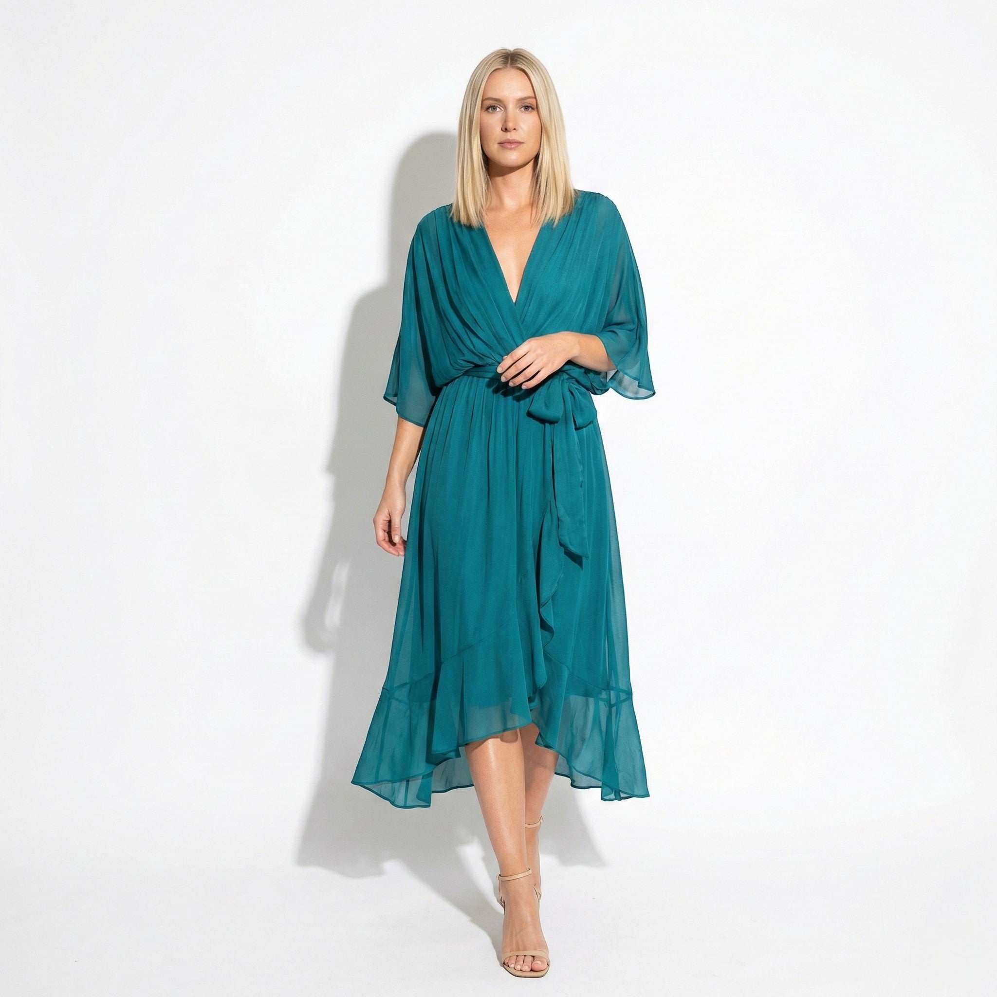 Charlotte - Women's V - Neck Midi Dress with Tie Waist and Flowy Sleeves - Dresses - White - Jones & Smith