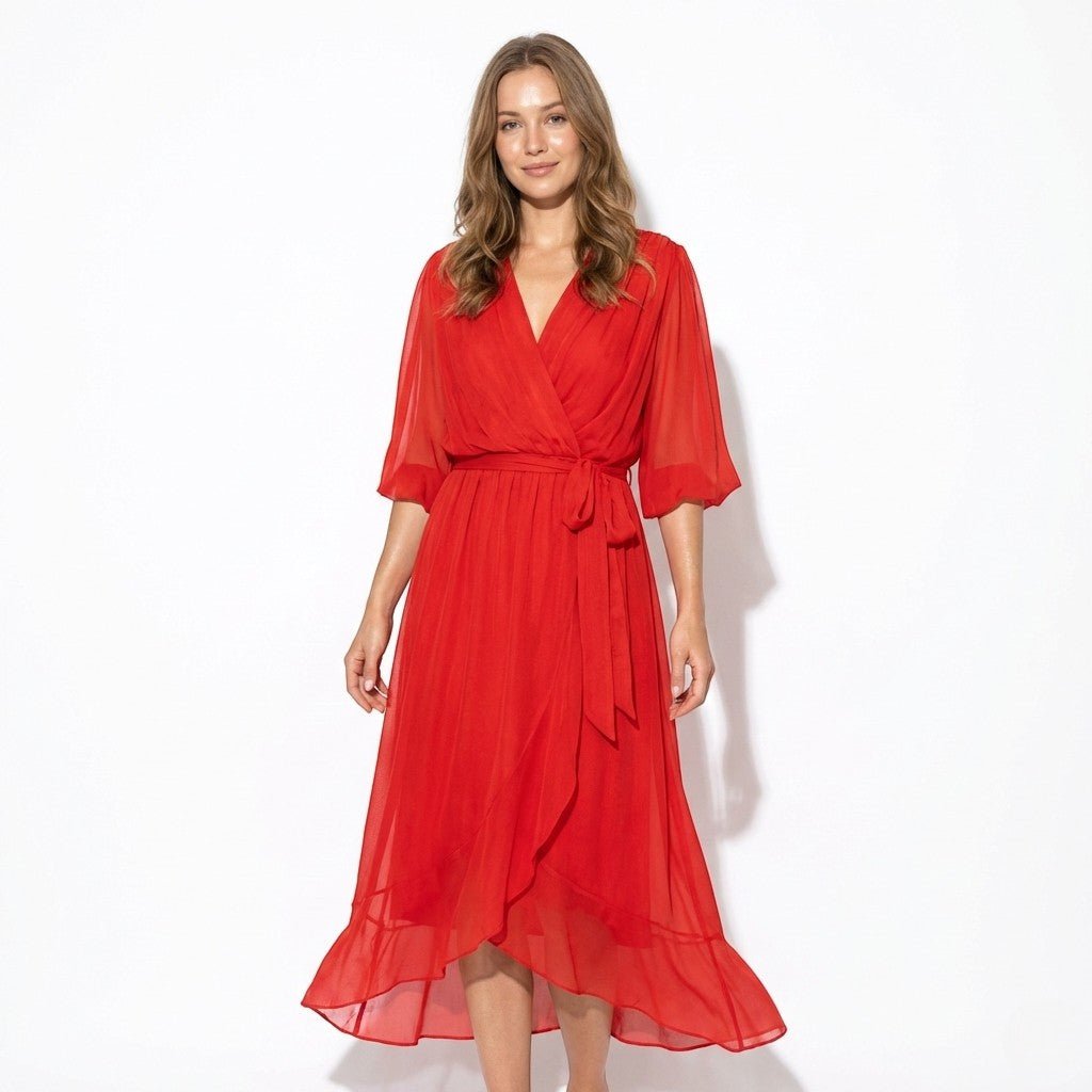 Charlotte - Women's V - Neck Midi Dress with Tie Waist and Flowy Sleeves - Dresses - Red - Jones & Smith