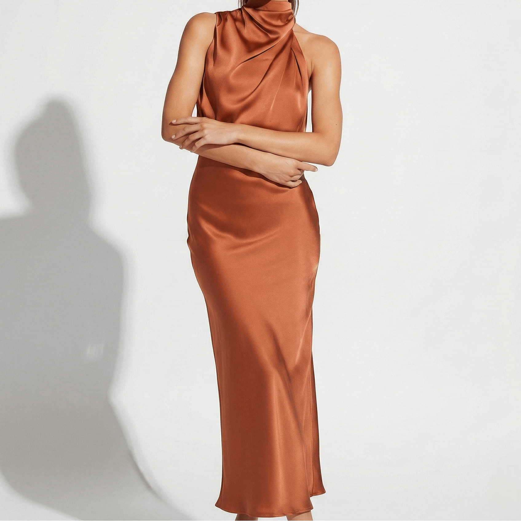 Chloe - Women's High Neck Satin Drape Top and Maxi Skirt Set - Sets - Rust - Jones & Smith