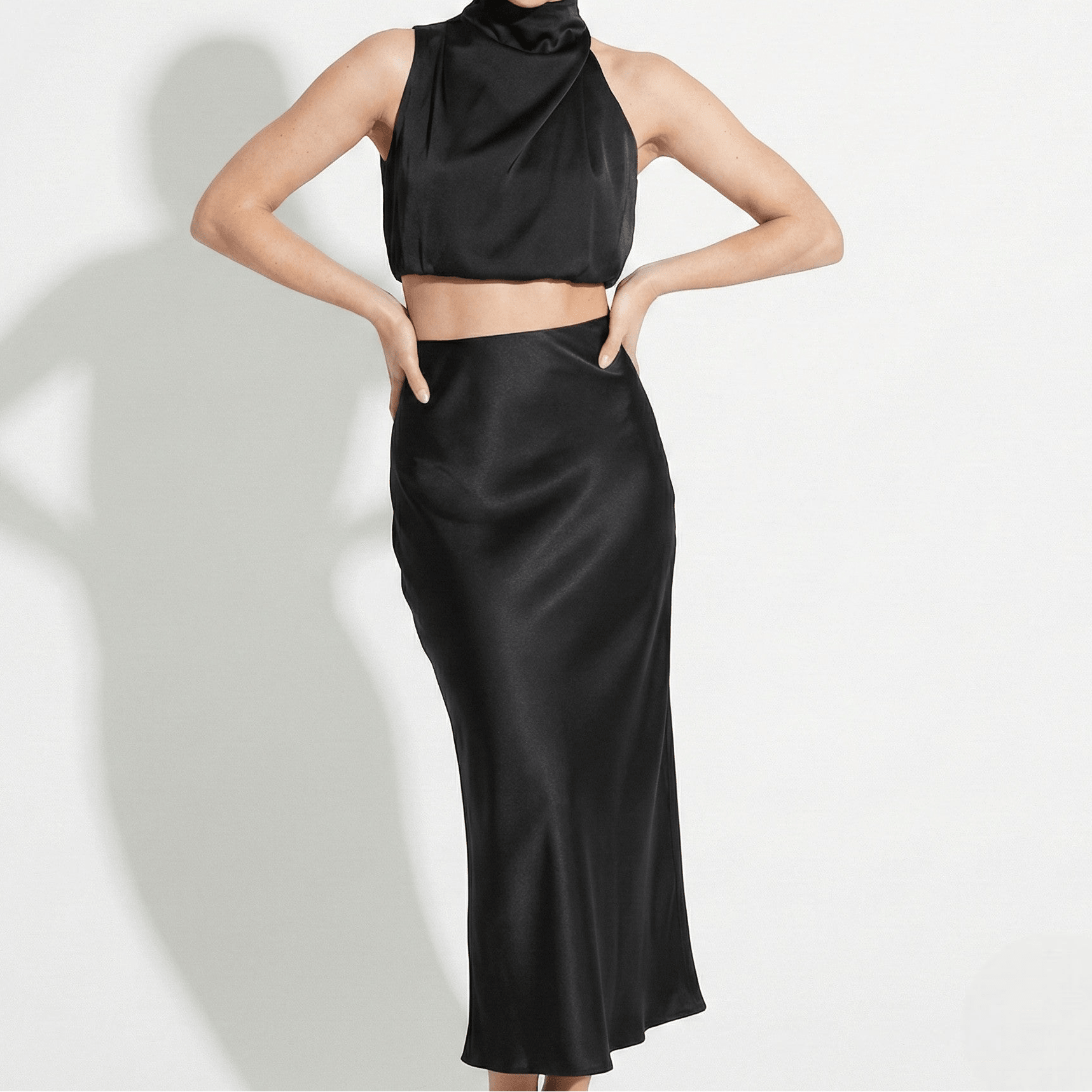 Chloe - Women's High Neck Satin Drape Top and Maxi Skirt Set - Sets - Black - Jones & Smith