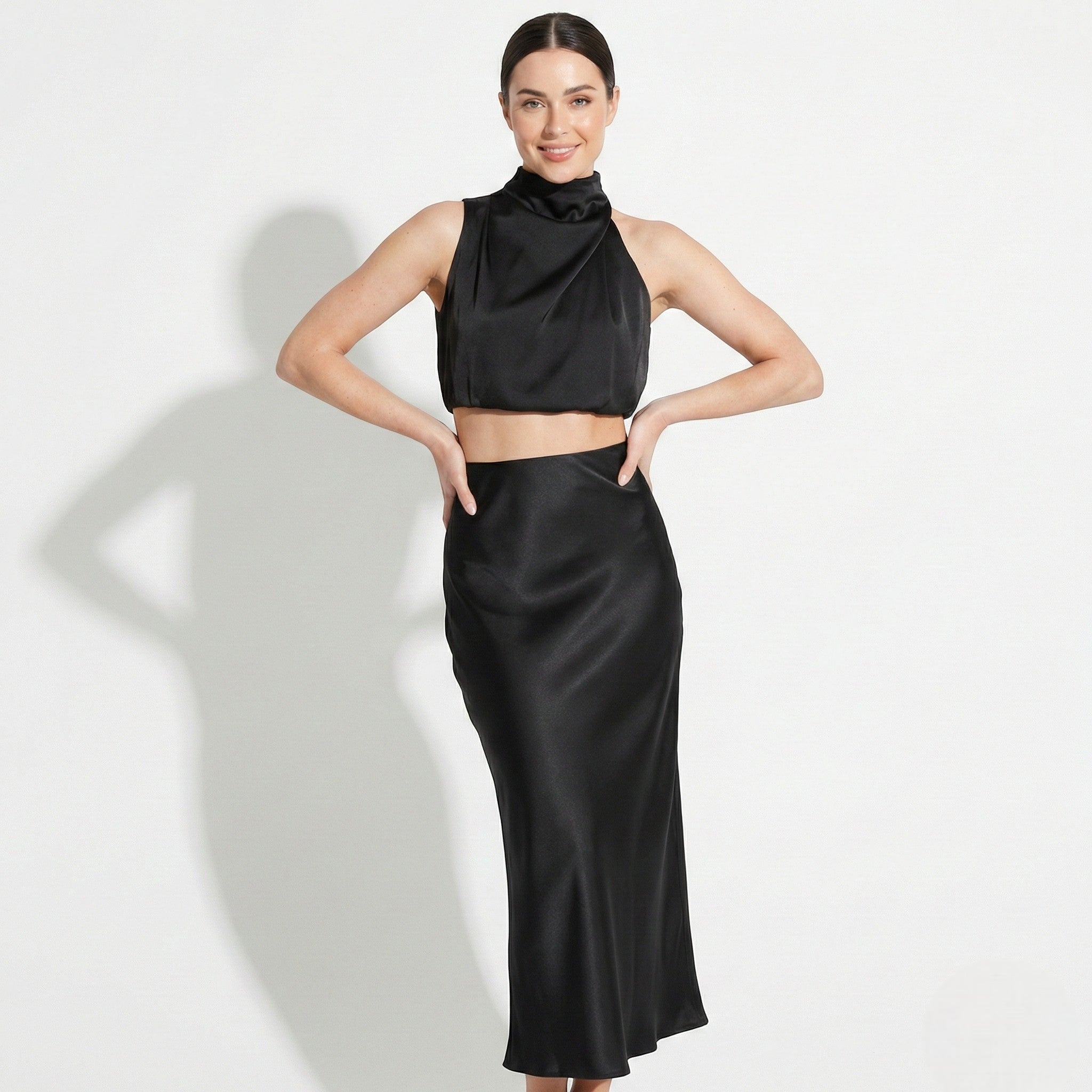 Chloe - Women's High Neck Satin Drape Top and Maxi Skirt Set - Sets - Black - Jones & Smith