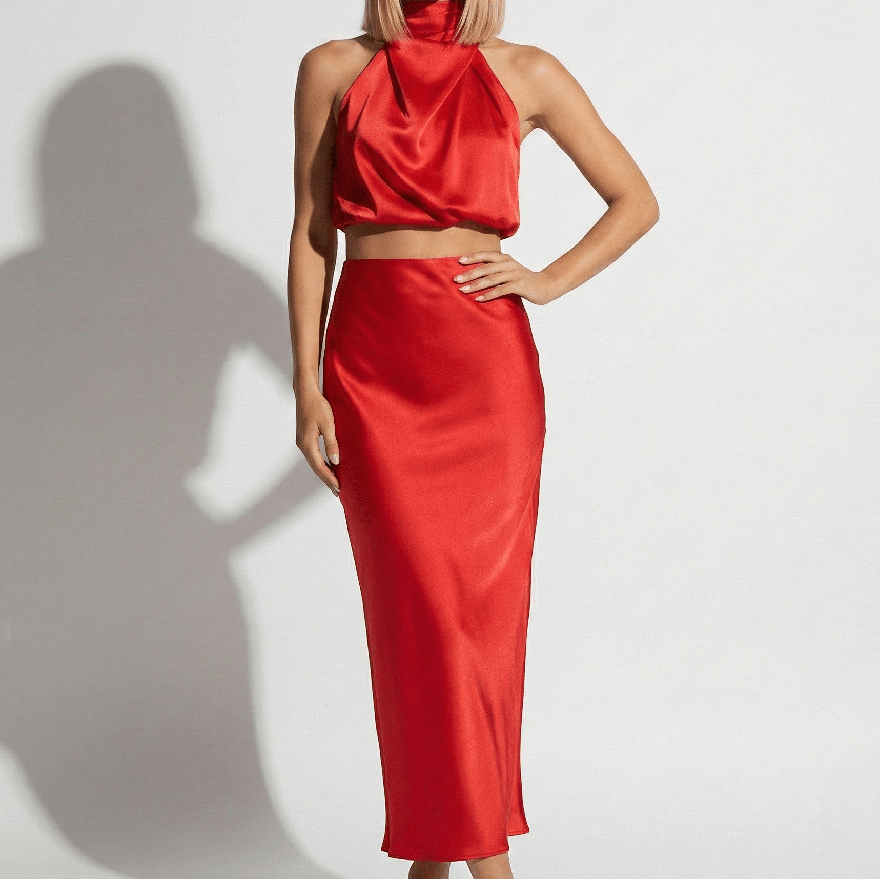 Chloe - Women's High Neck Satin Drape Top and Maxi Skirt Set - Sets - Red - Jones & Smith