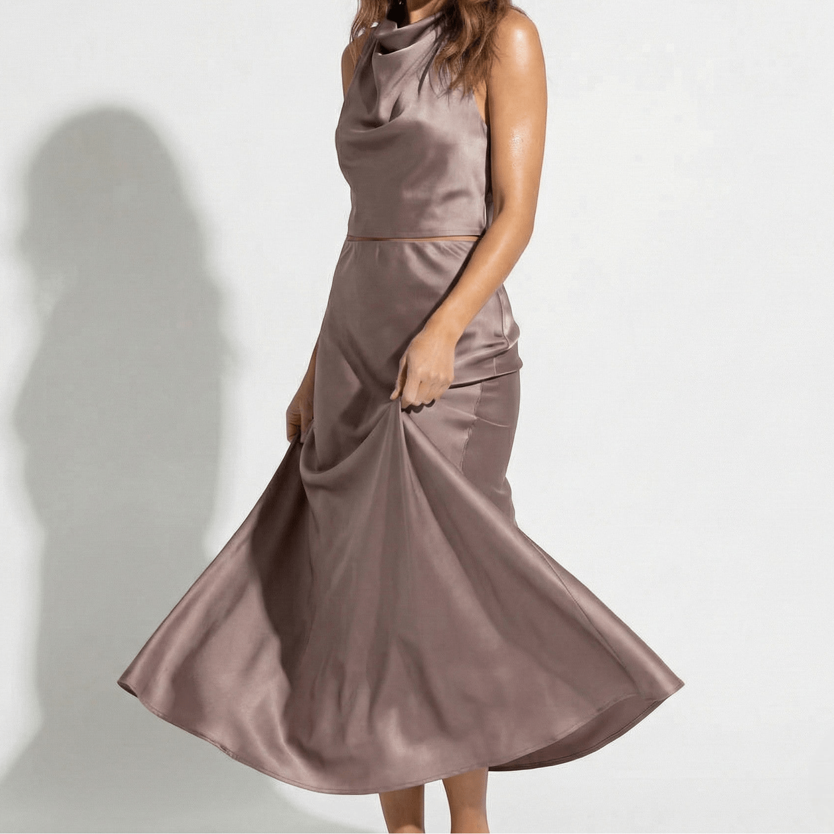 Chloe - Women's High Neck Satin Drape Top and Maxi Skirt Set - Sets - Mocha - Jones & Smith