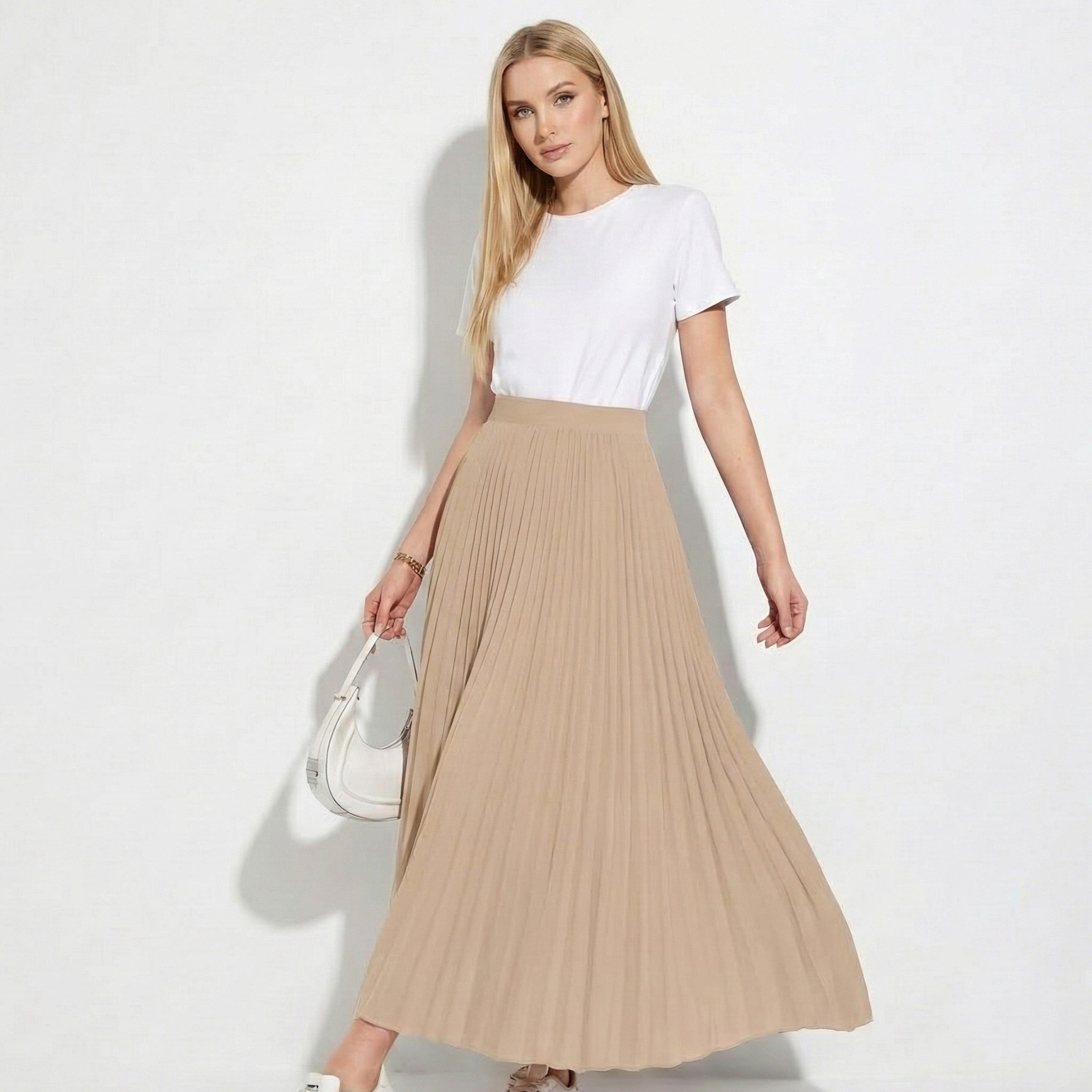 Chloe - Women's Pleated Satin Skirt - Skirts - Nude - Jones & Smith